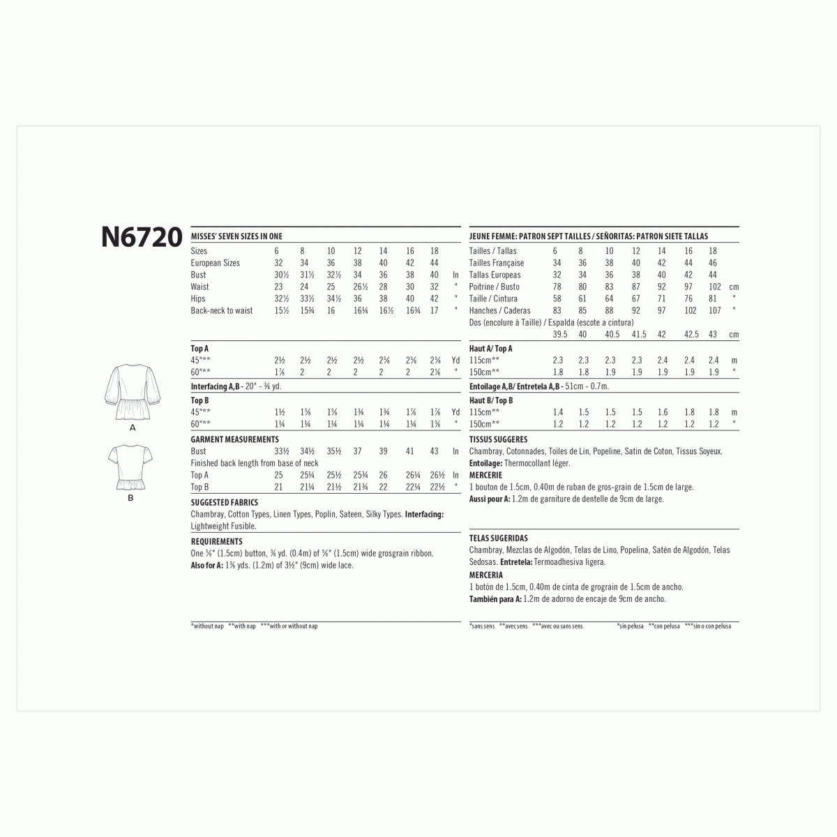 New Look Sewing Pattern N6720 Misses' Tops