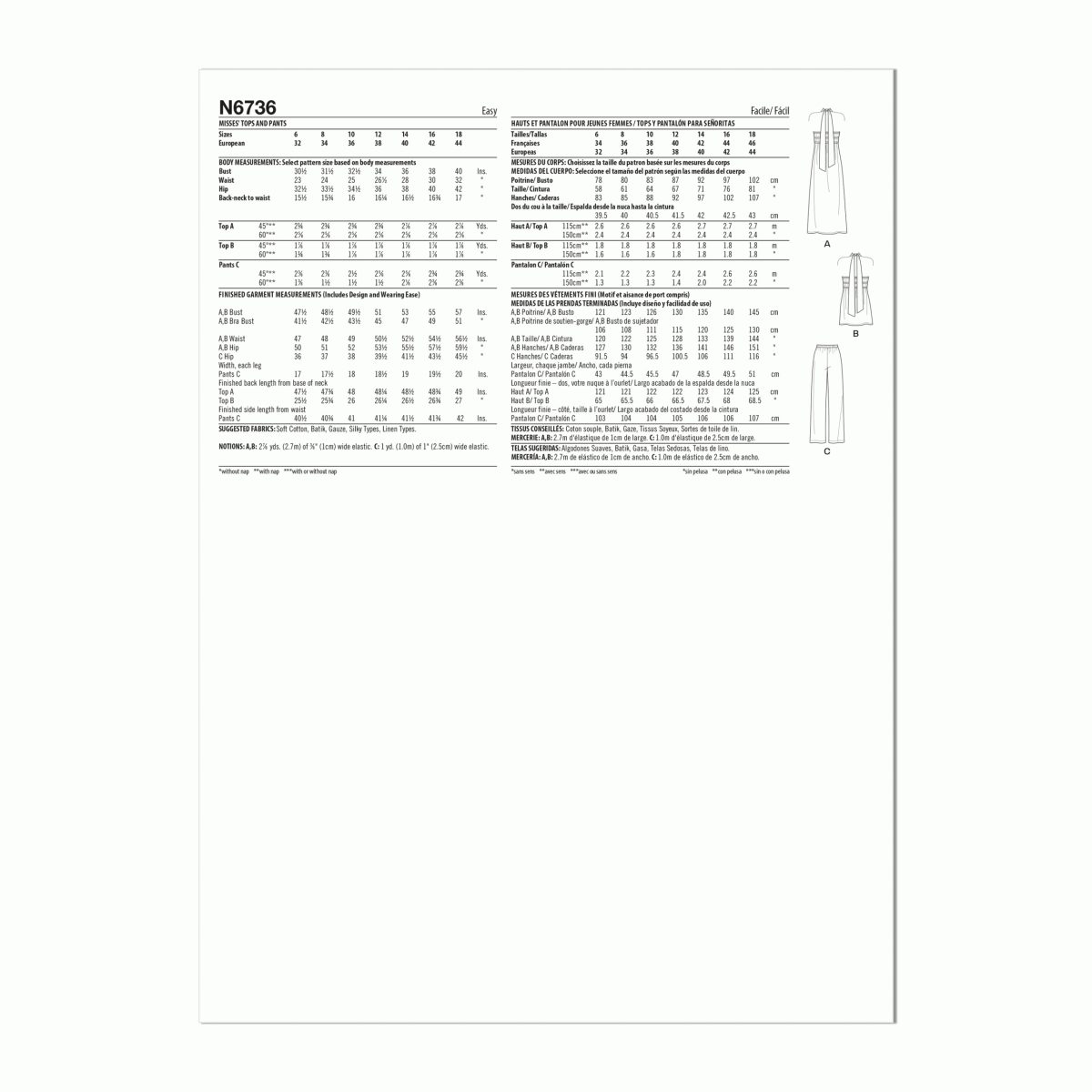 New Look Sewing Pattern N6736 Misses' Tops and Trousers
