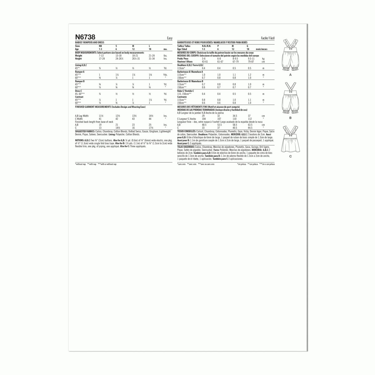 New Look Sewing Pattern N6738 Babies' Rompers and Dress