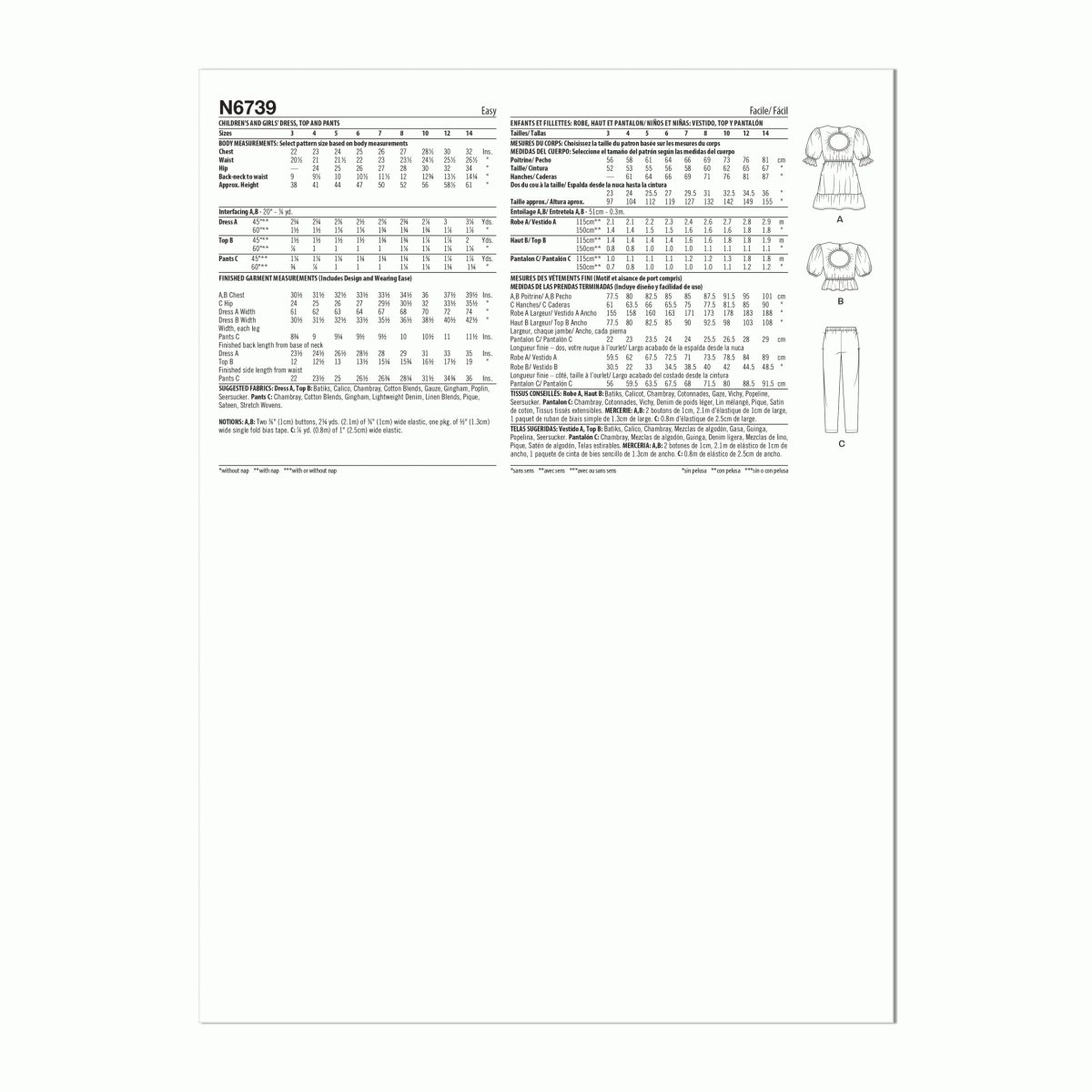 New Look Sewing Pattern N6739 Children's and Girls' Dress, Top and Trousers