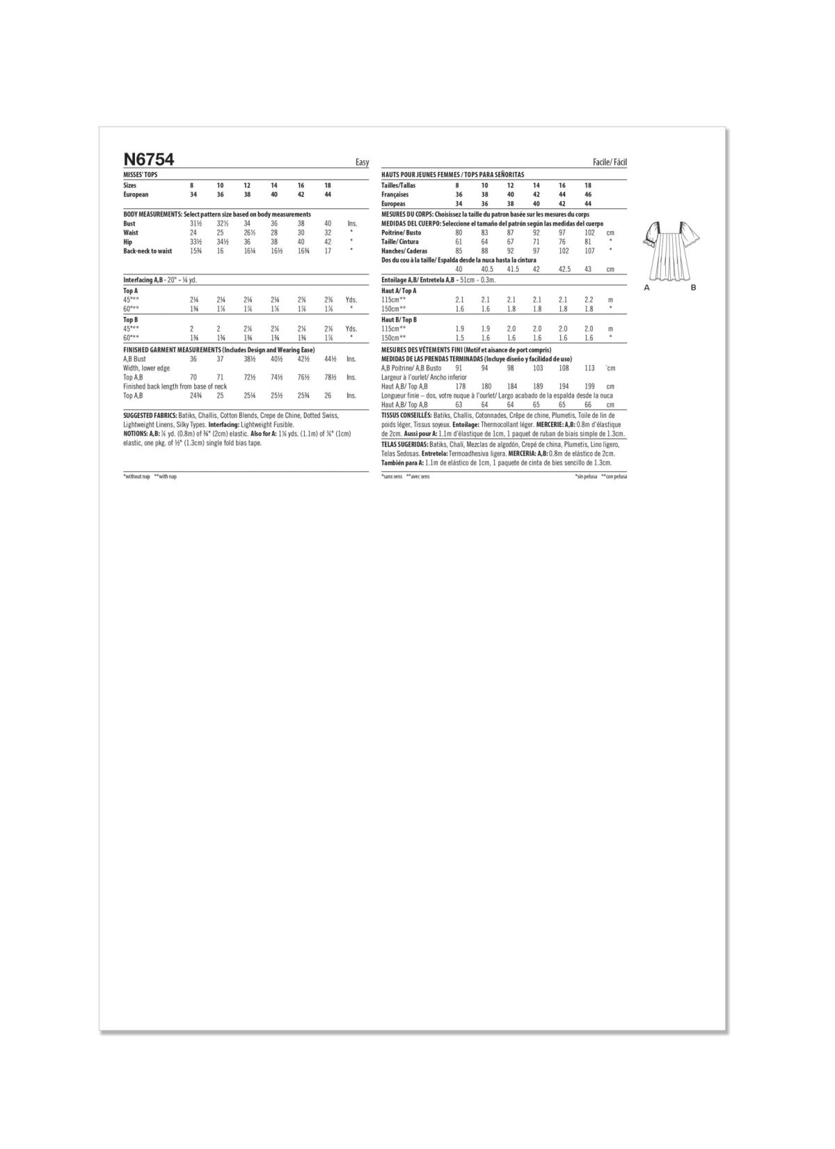 New Look Sewing Pattern N6754 Misses' Top With Sleeve Variations