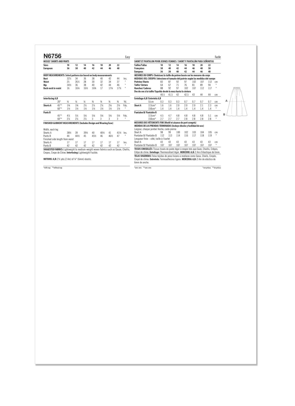 New Look Sewing Pattern N6756 Misses' Shorts and Trousers