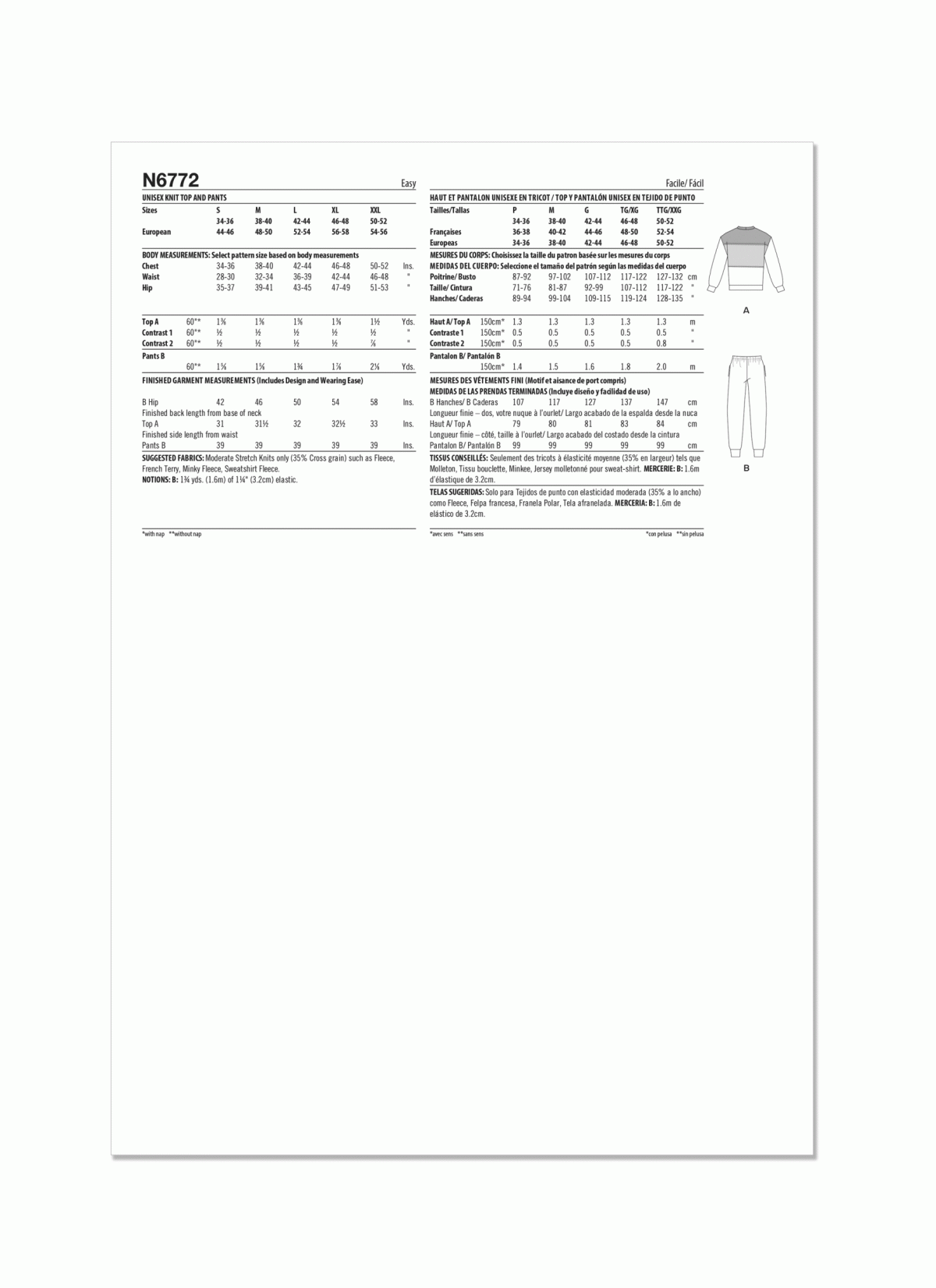 New Look Sewing Pattern N6772 Unisex Knit Top and Jogger Bottoms