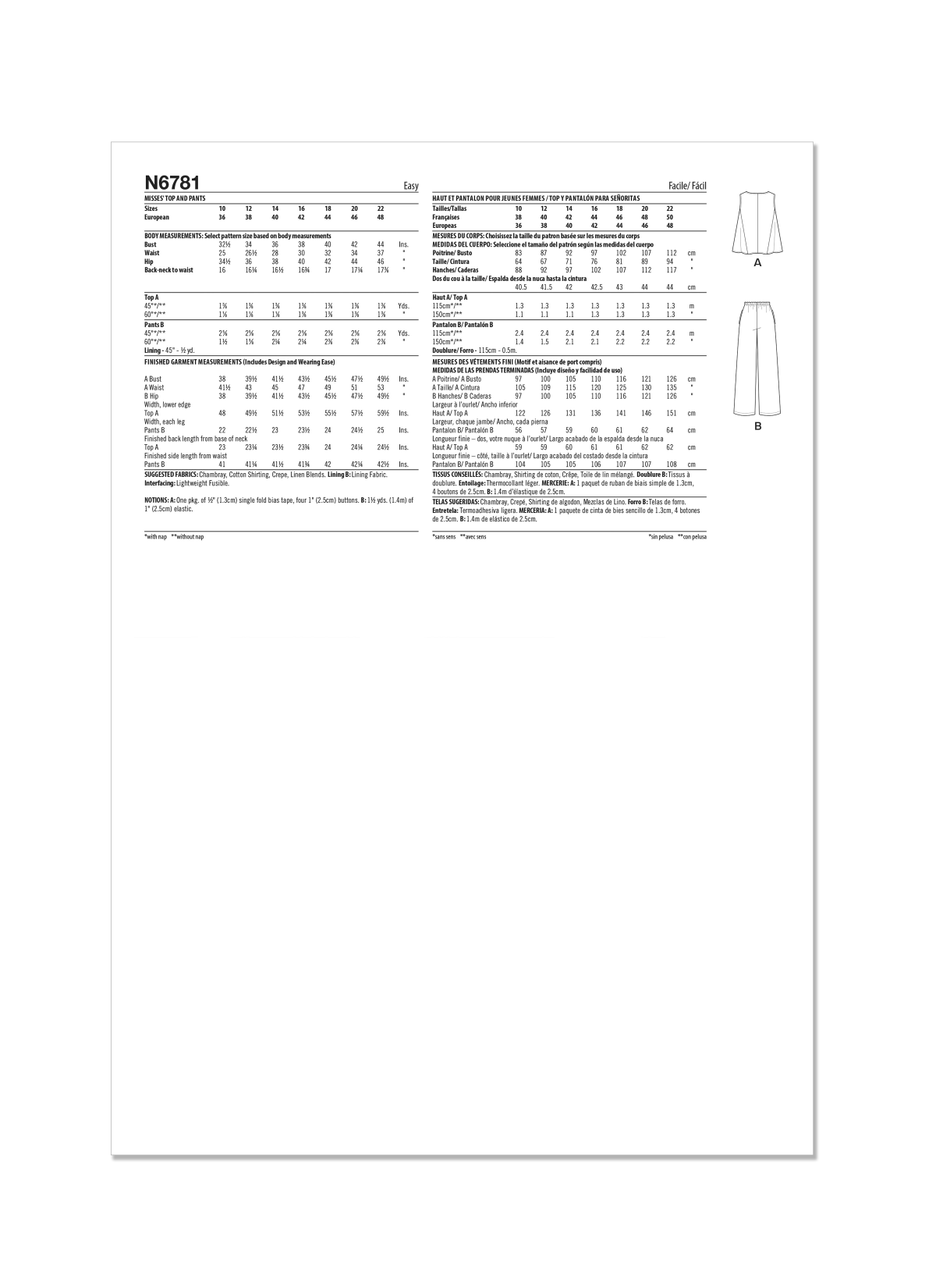 New Look Sewing Pattern N6781 Misses' Top and Trousers