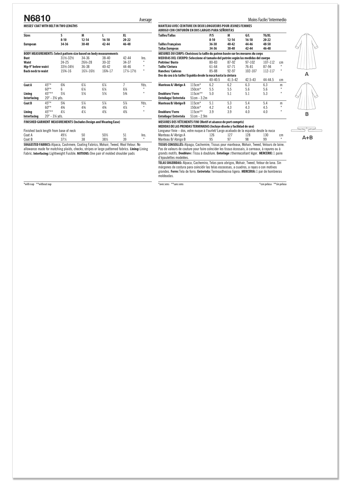 New Look Sewing Pattern N6810 Misses' Coat with Belt in Two Lengths