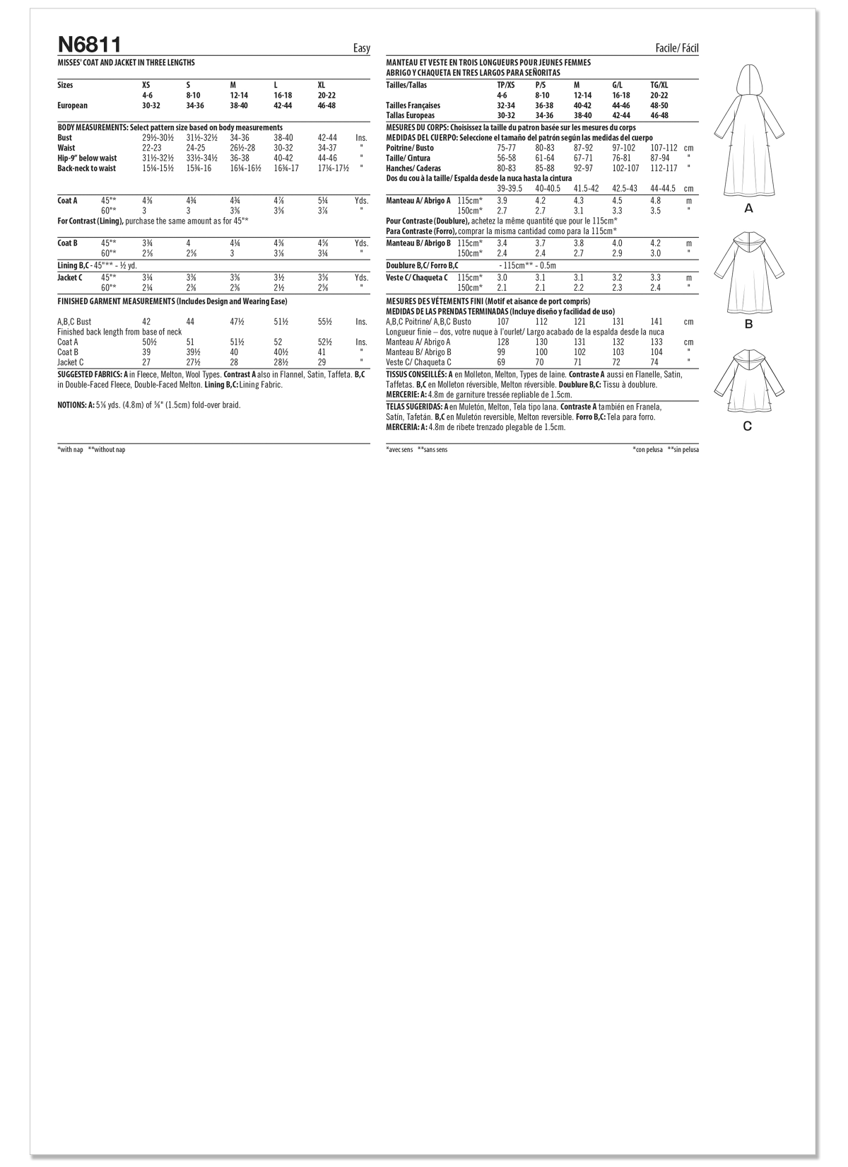 New Look Sewing Pattern N6811 Misses' Coat in Two Lengths and Jacket