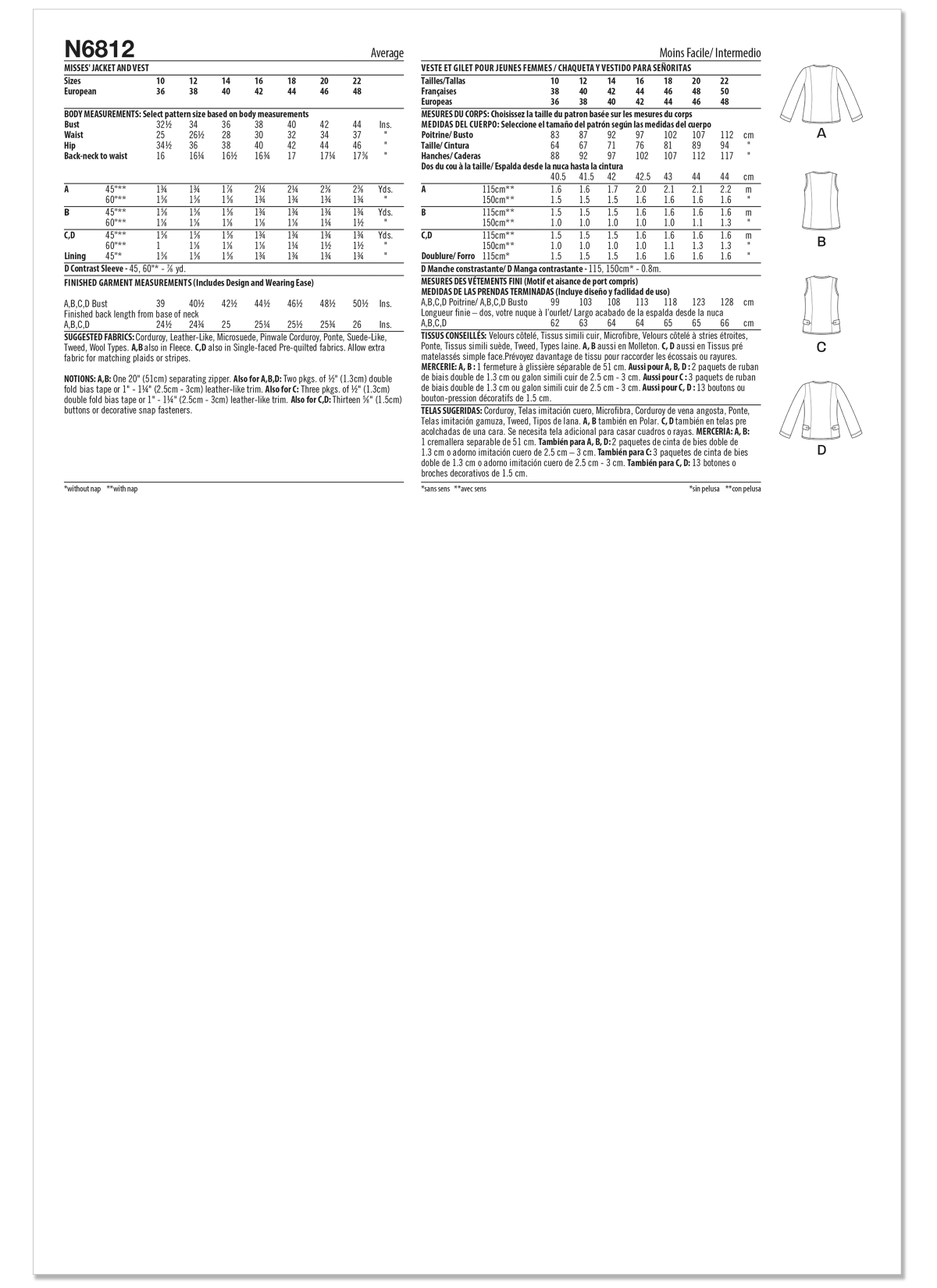 New Look Sewing Pattern N6812 Misses' Jacket and Vest