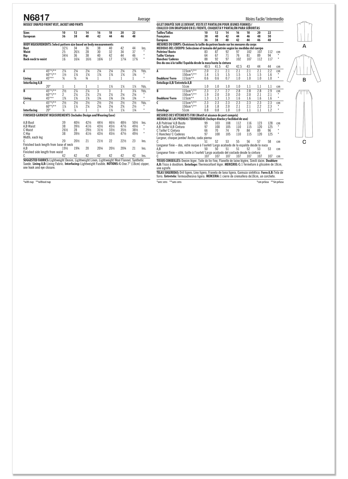 New Look Sewing Pattern N6817 Misses' Draped Front Vest, Jacket and Trousers
