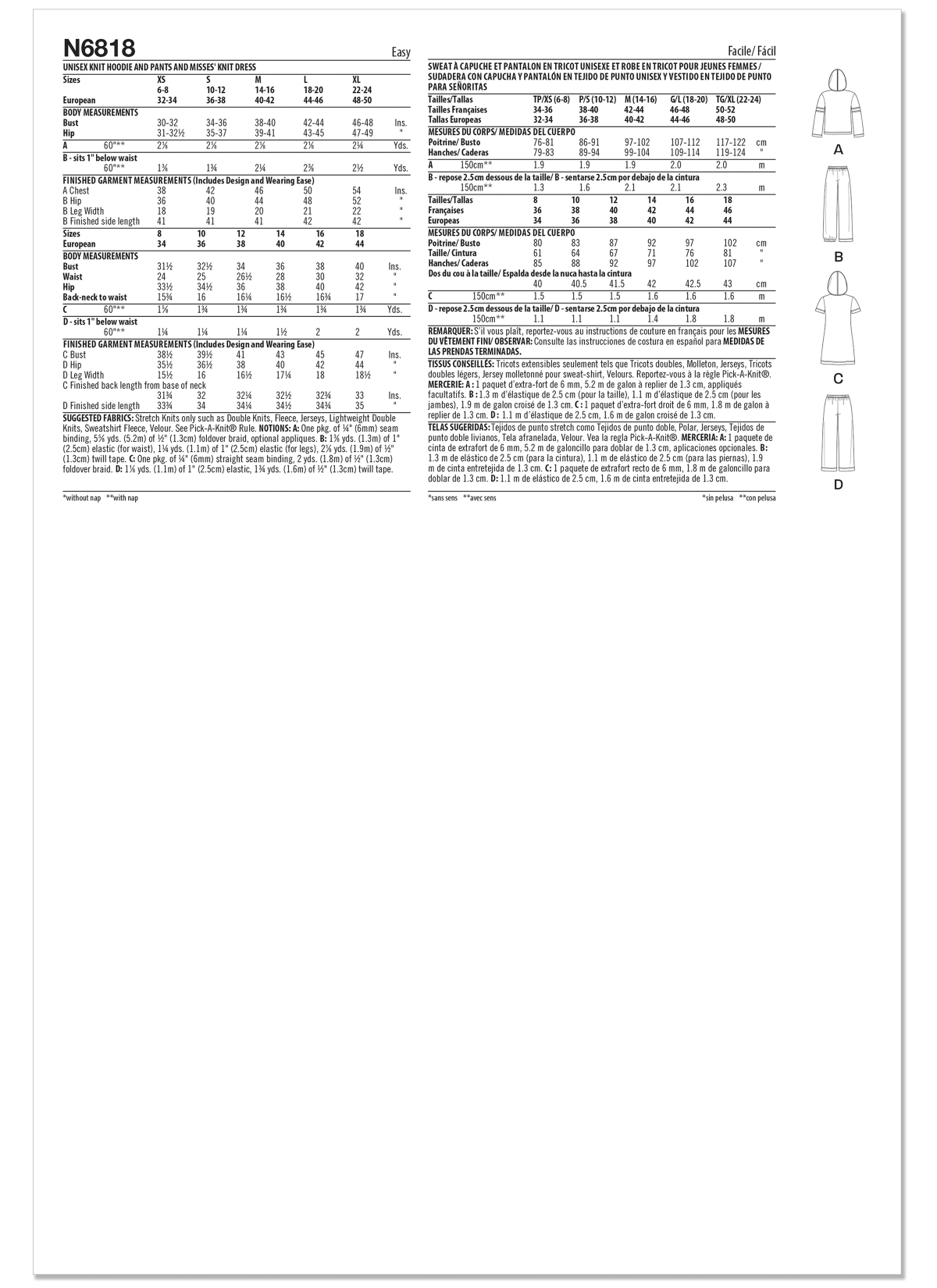 New Look Sewing Pattern N6818 Unisex Knit Hoodie and Trousers and Misses' Knit Dress