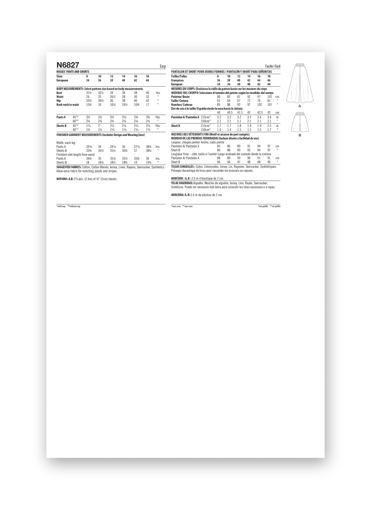 New Look Sewing Pattern N6827 Misses' Trousers and Shorts
