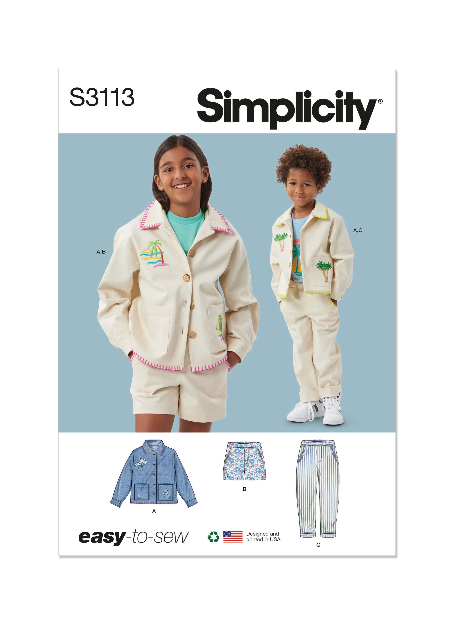 Simplicity Sewing Pattern S3113 Children’s or Girls’ and Boys’ Jacket, Shorts and Trousers