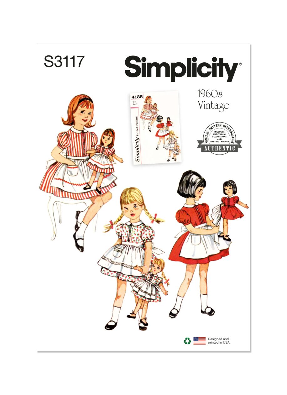 Simplicity Sewing Pattern S3117 Children's Dress and Apron, Doll and Dolls' Dress and Apron
