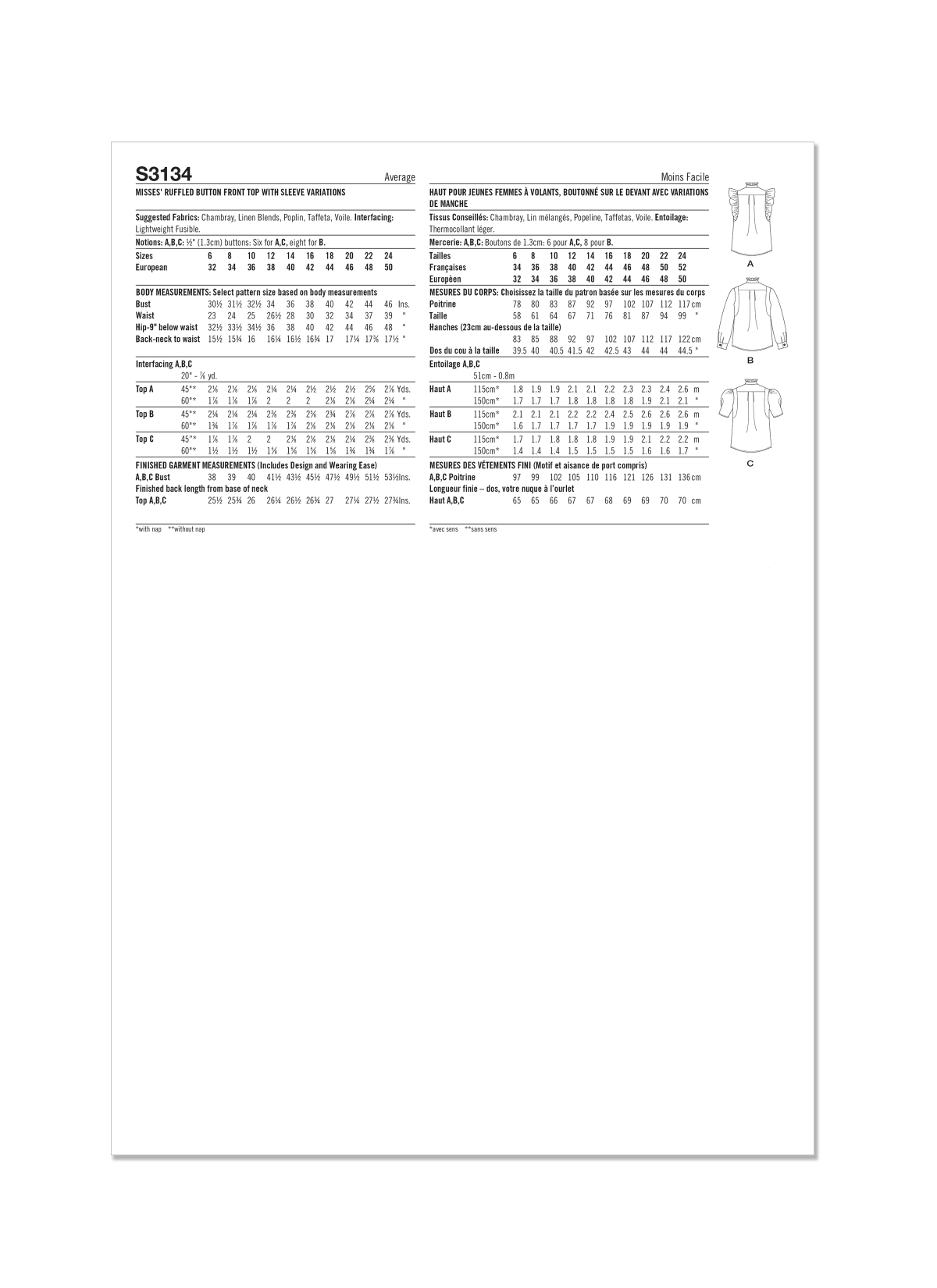 Simplicity Sewing Pattern S3134 Misses' Ruffled Button Front Top with Sleeve Variations