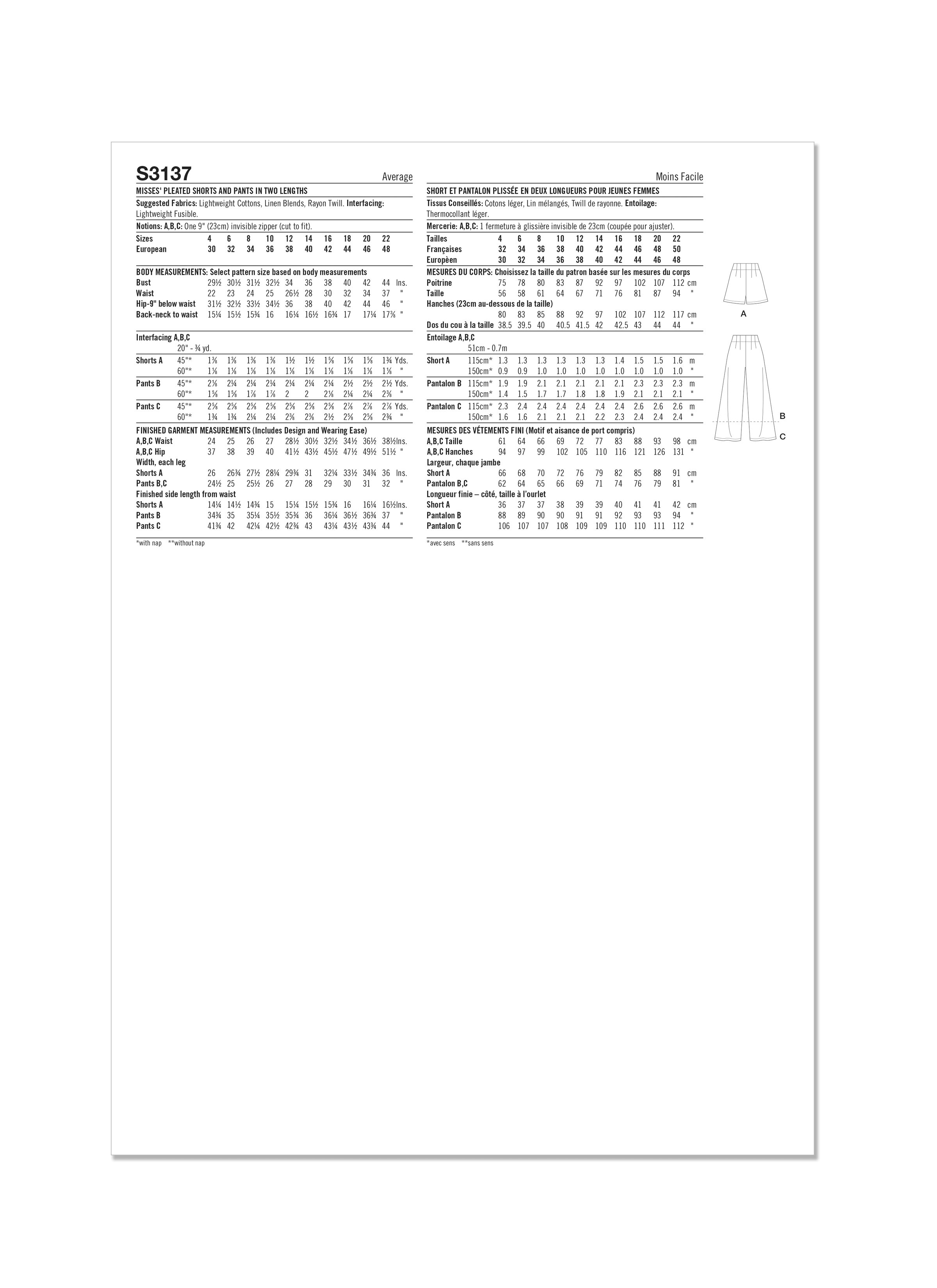 Simplicity Sewing Pattern S3137 Misses' Pleated Shorts and Pants in Two Lengths