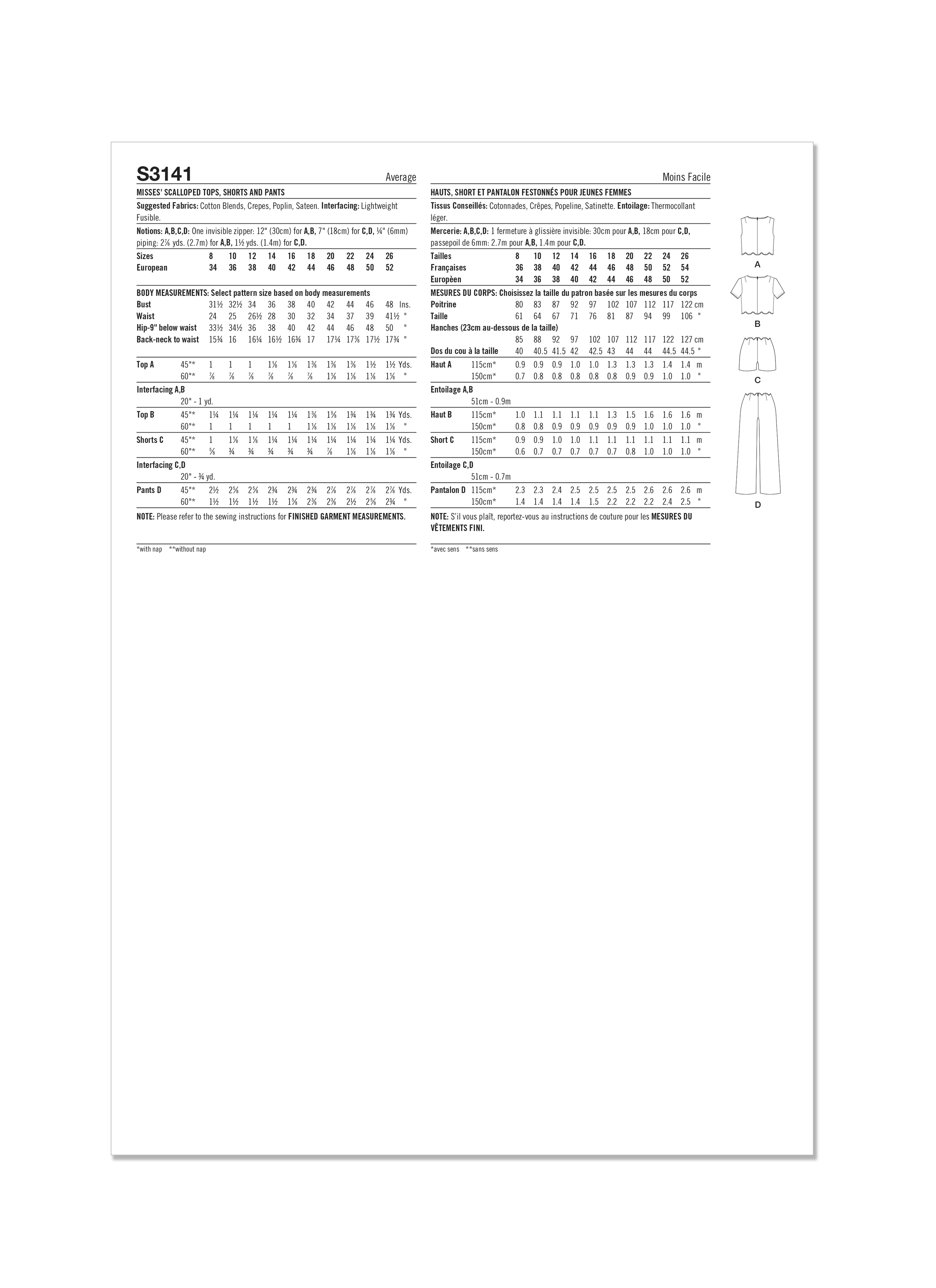 Simplicity Sewing Pattern S3141 Misses' Scalloped Tops, Shorts and Pants