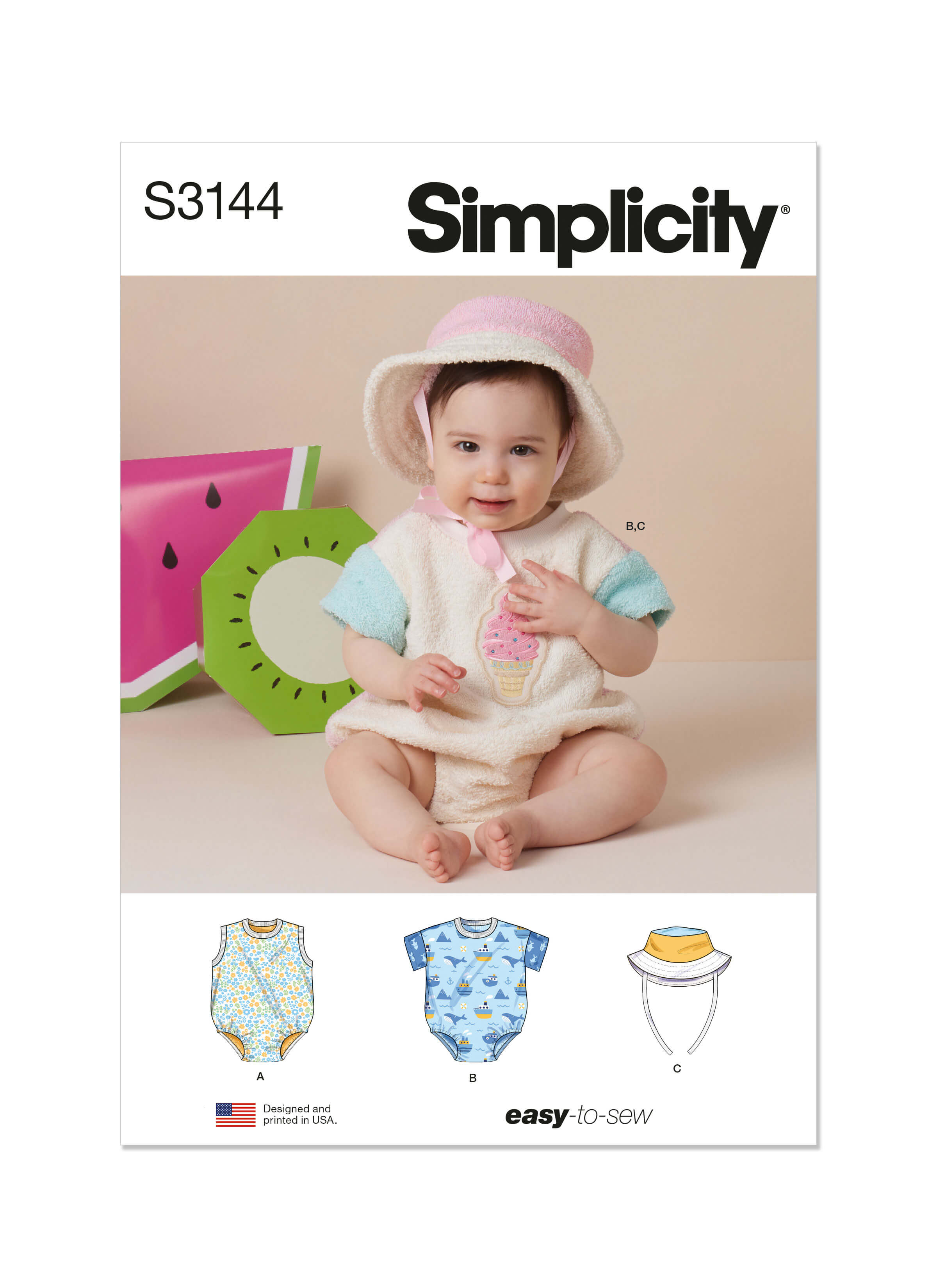 Simplicity Sewing Pattern S3144 Babies' Contrast Bodysuit and Bucket Hat 