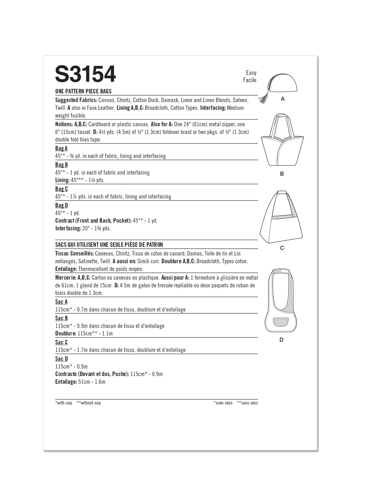 Simplicity Sewing Pattern S3154 One Pattern Piece Bags