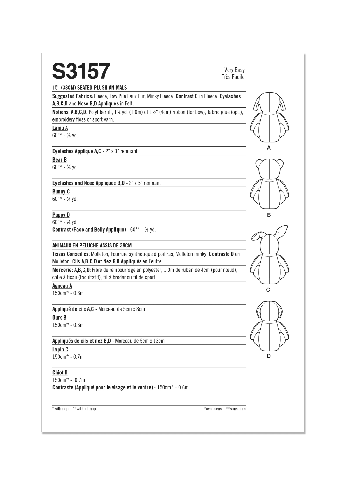 Simplicity Sewing Pattern S3157 Seated Plush Animals by Elaine Heigl Designs