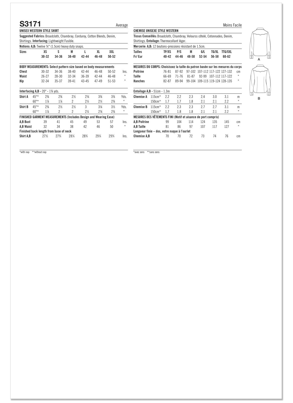 Simplicity Sewing Pattern S3171 Unisex Western Style Shirt