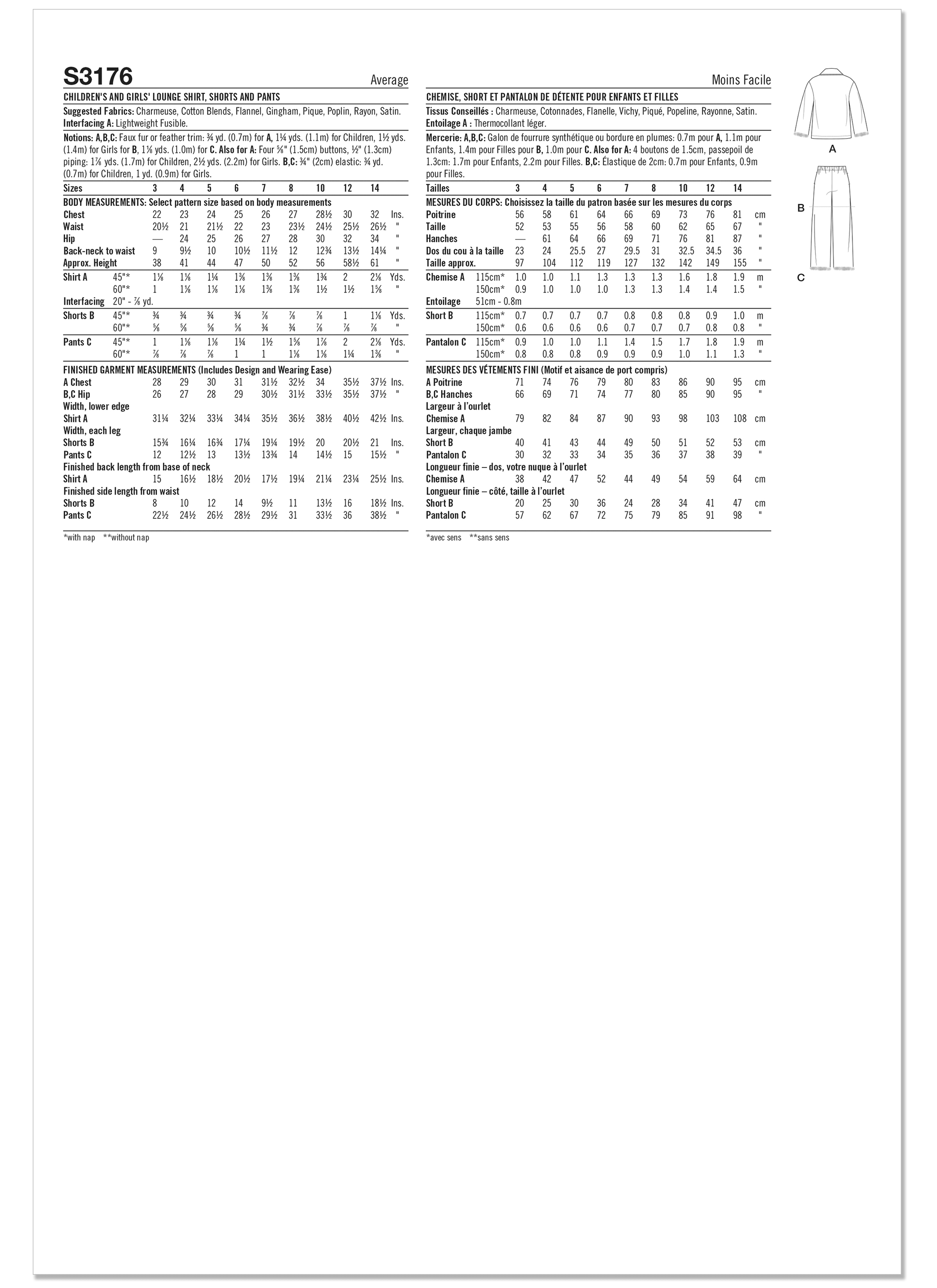 Simplicity Sewing Pattern S3176 Children's and Girls' Lounge Shirt, Shorts and Trousers