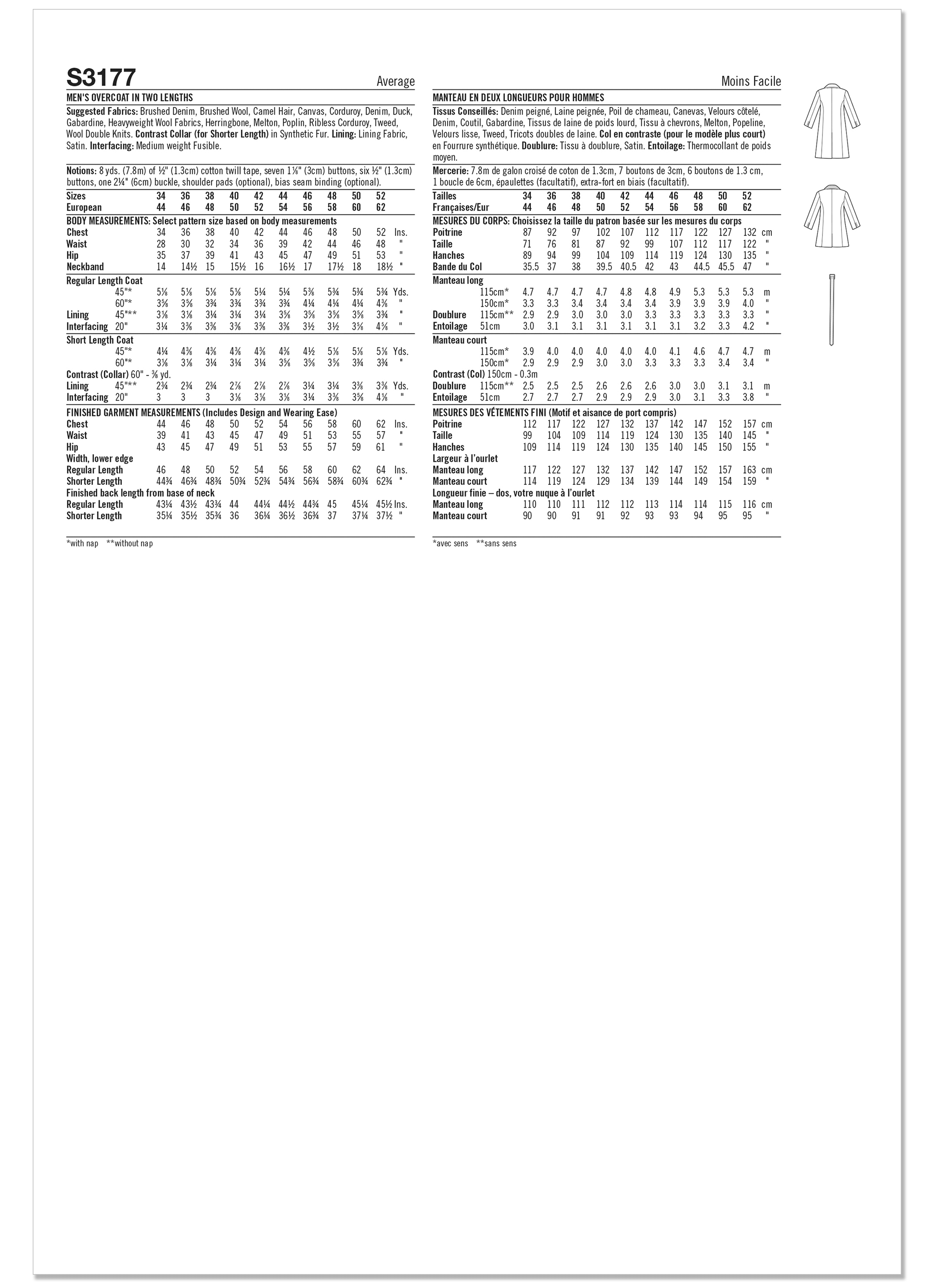 Simplicity Sewing Pattern S3177 Men's Overcoat in Two Lengths