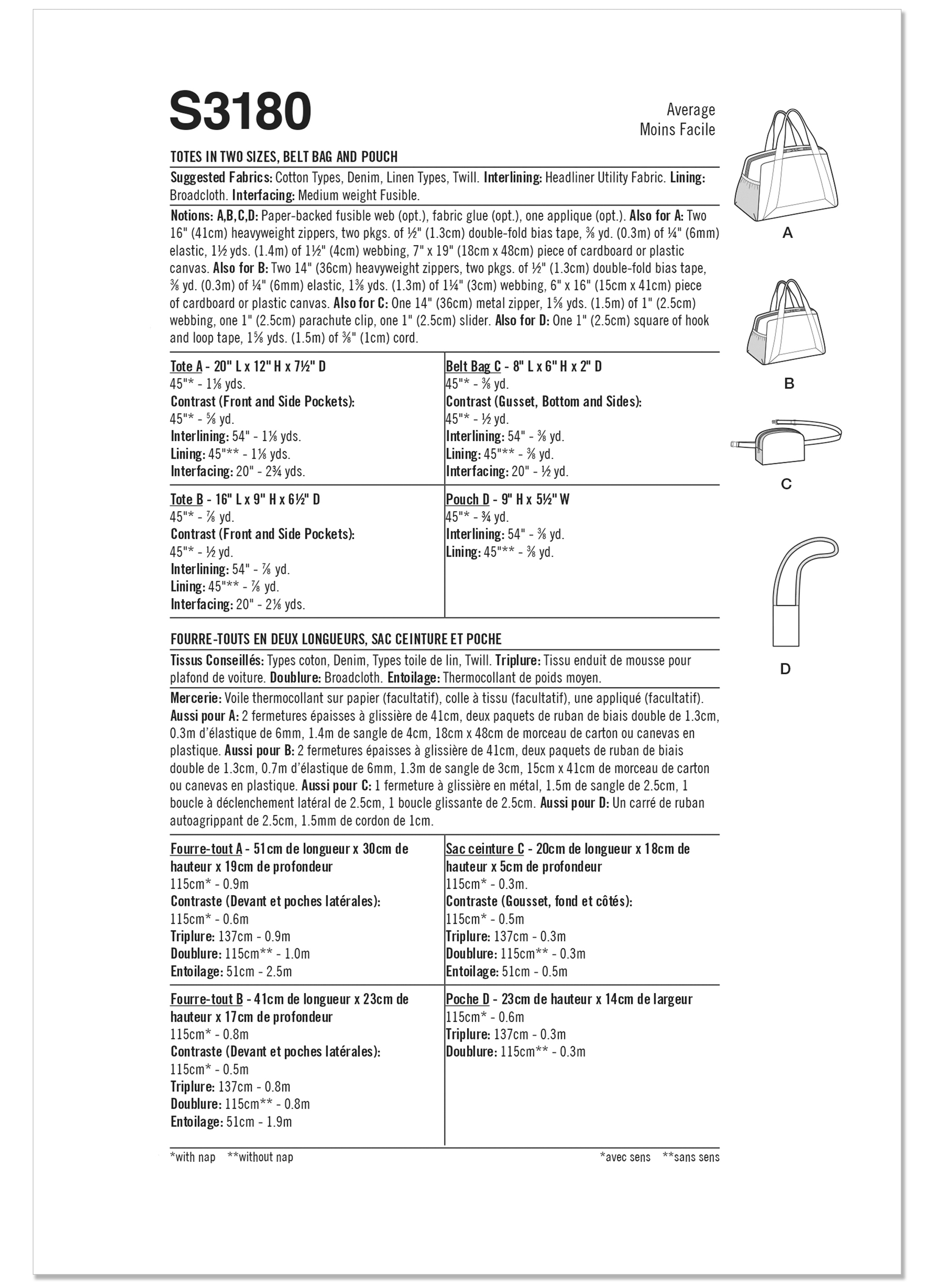 Simplicity Sewing Pattern S3180 Totes in two sizes, belt bag and pouch
