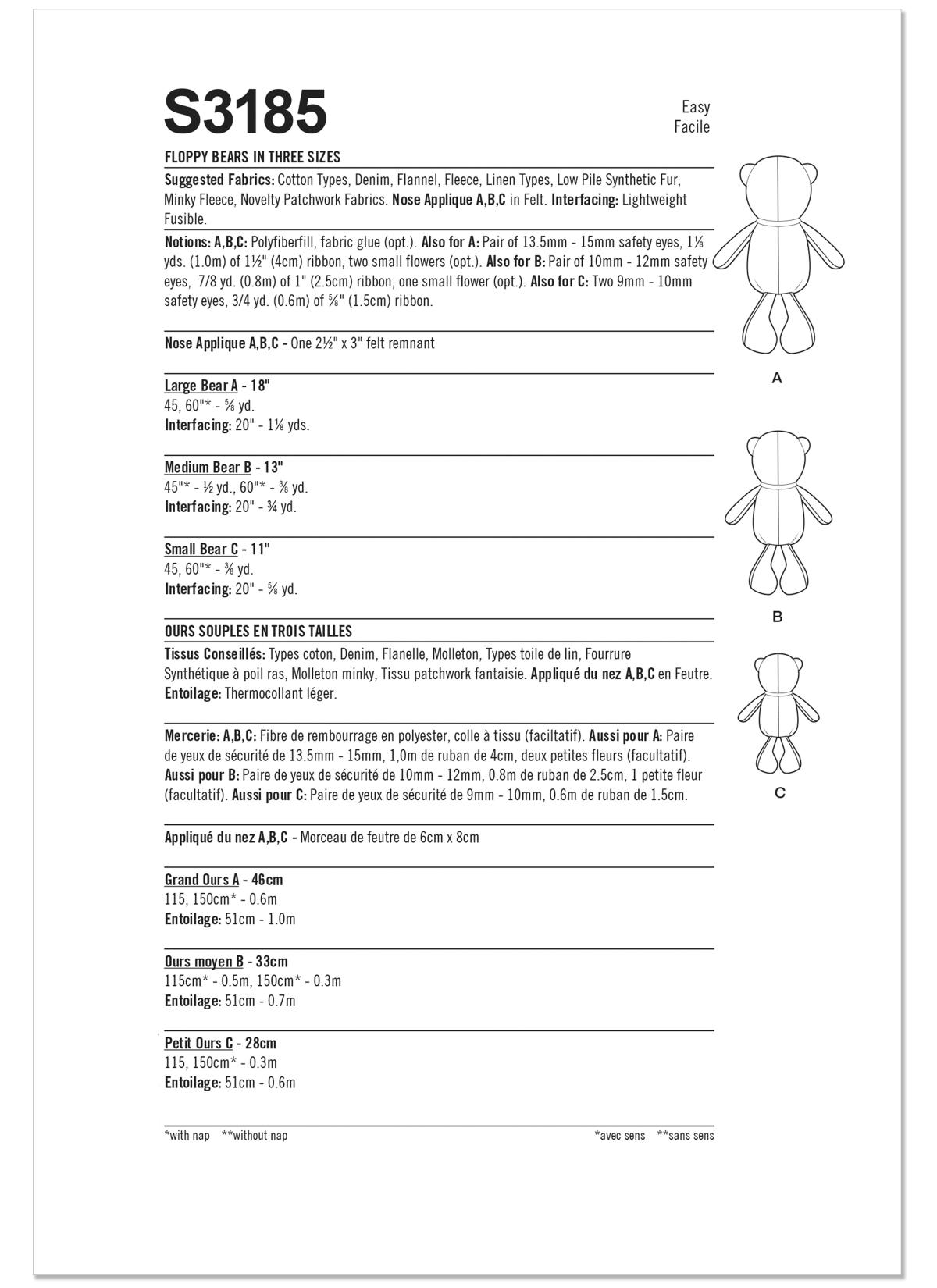 Simplicity Sewing Pattern S3185 Floppy Bears in Three Sizes by Elaine Heigl Designs