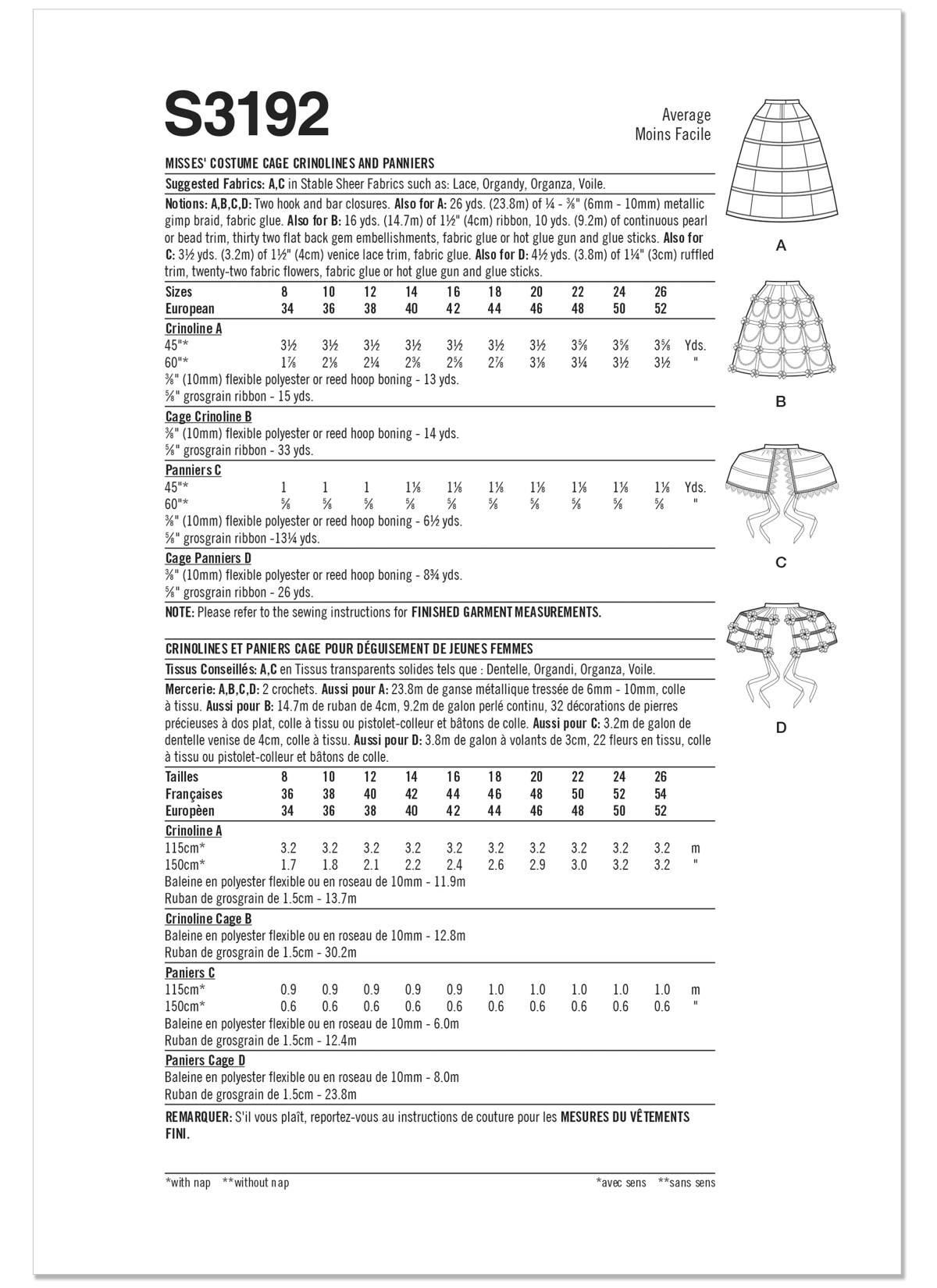 Simplicity Sewing Pattern S3192 Misses' Costume Cage Crinolines and Panniers