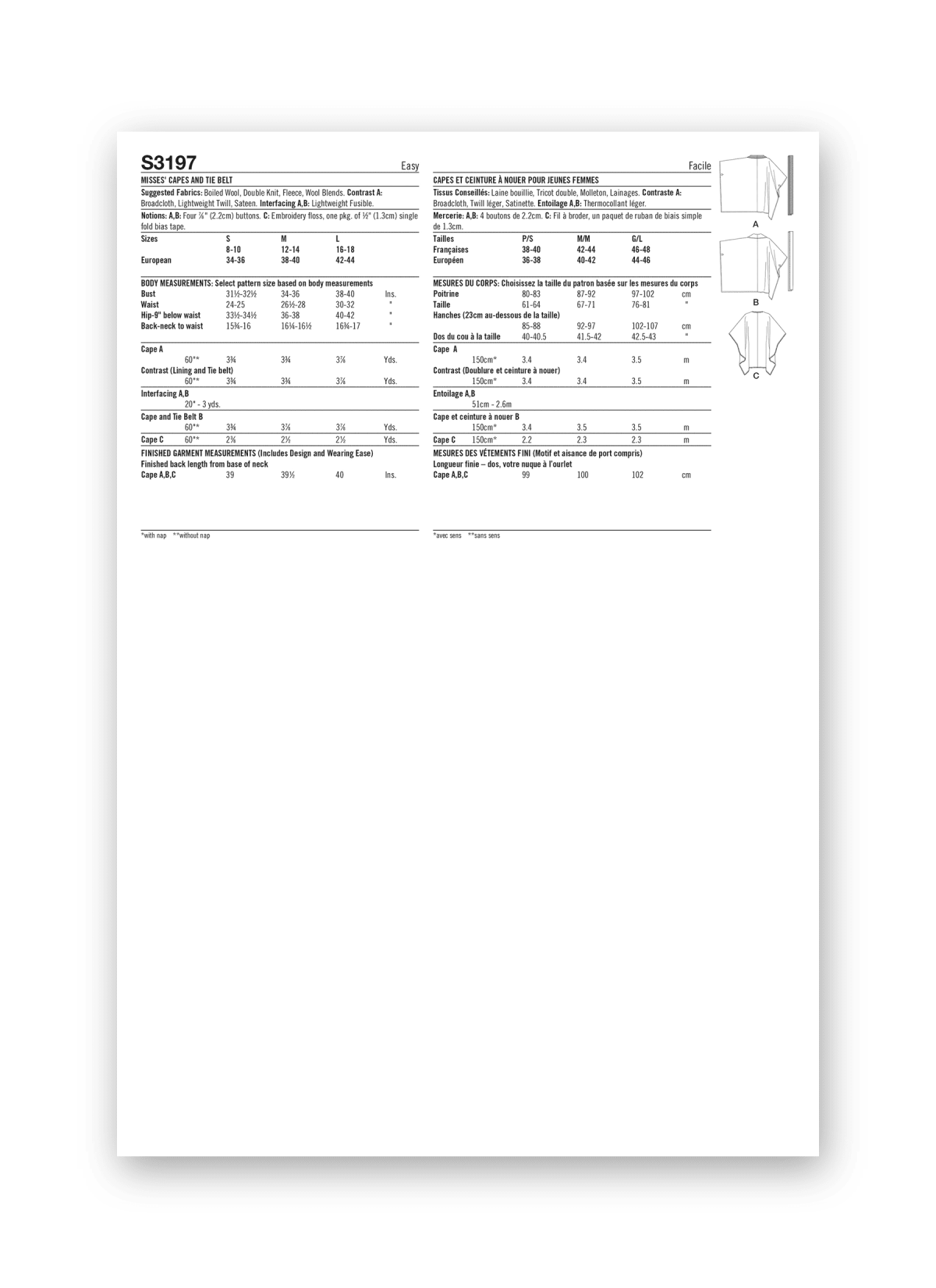 Simplicity Sewing Pattern S3197 Misses' Capes and Tie Belt