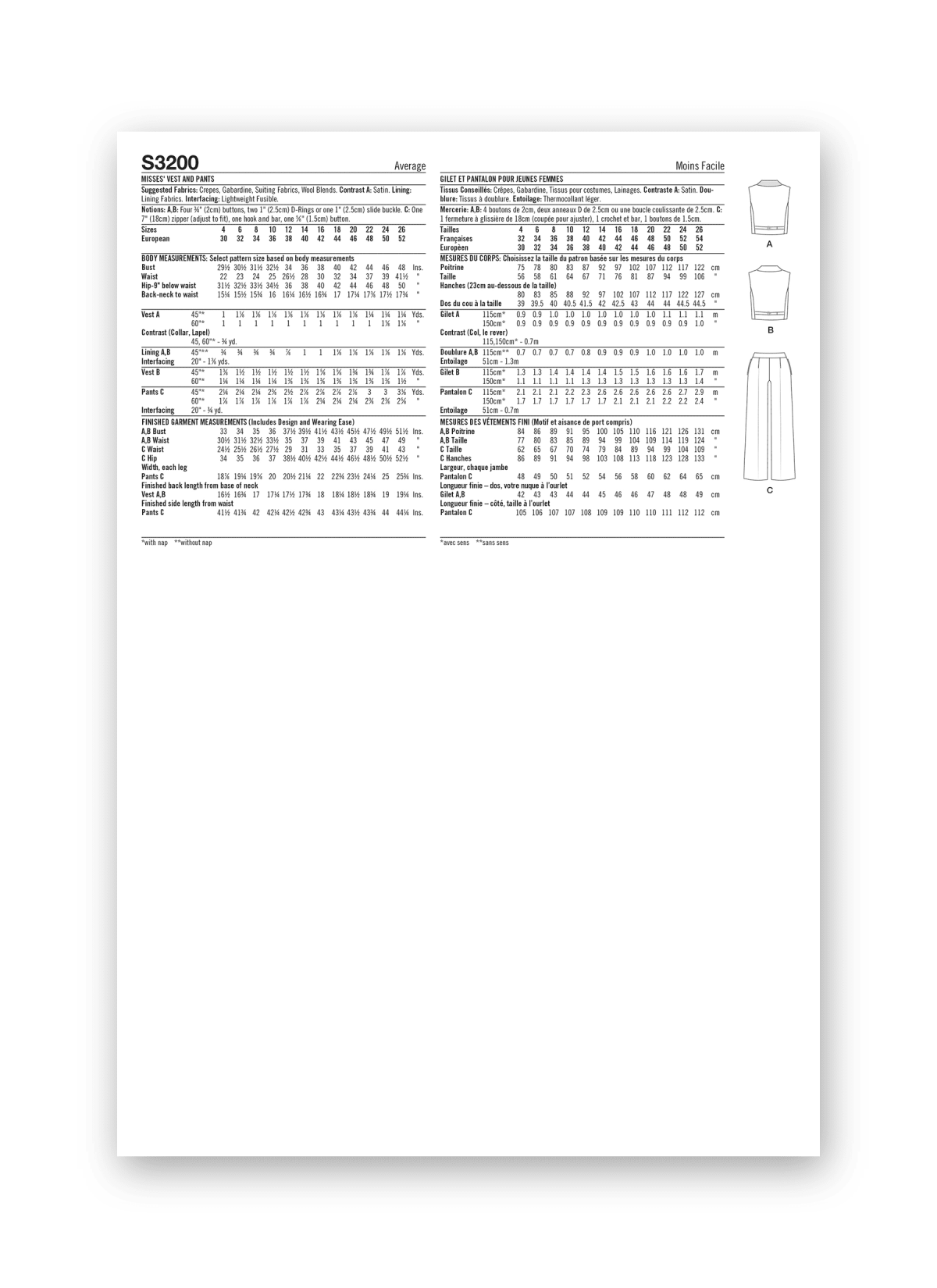 Simplicity Sewing Pattern S3200 Misses' Waistcoat and Trousers