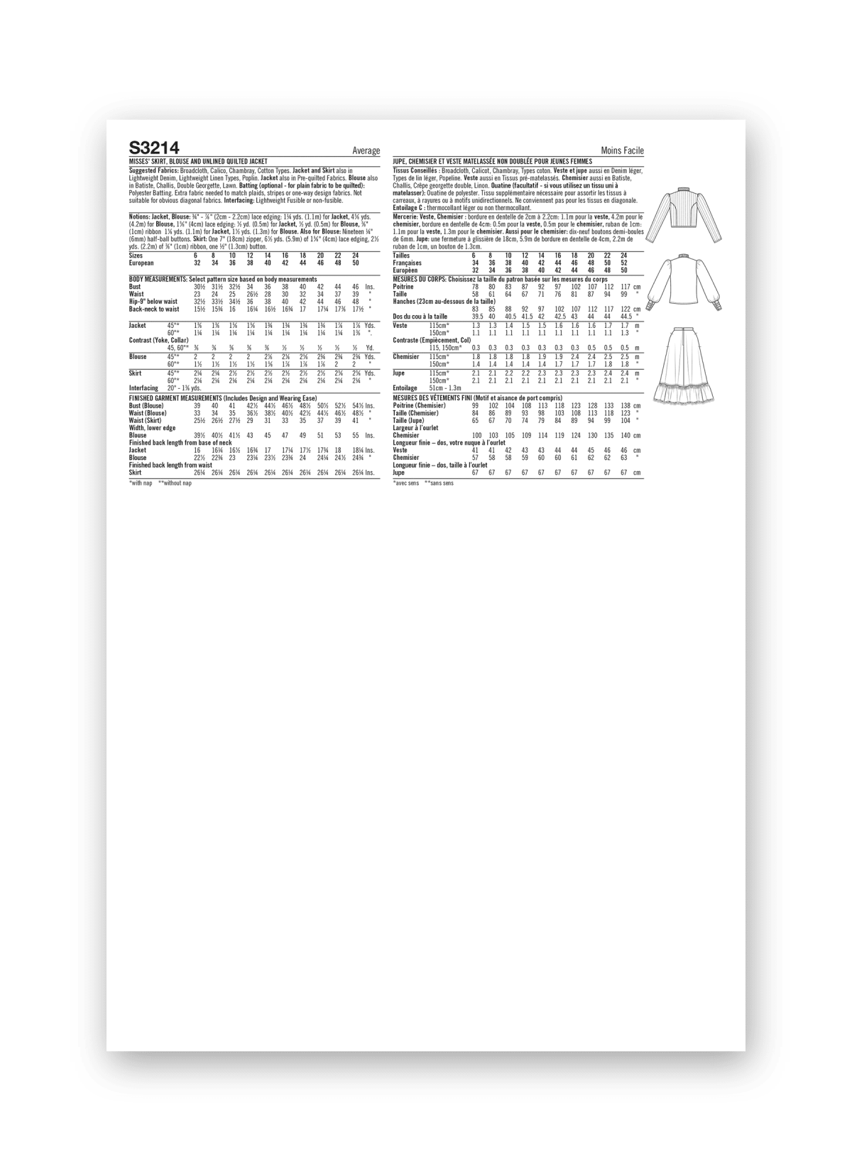 Simplicity Sewing Pattern S3214 Misses' Skirt, Blouse and Unlined Quilted Jacket by Gunne Sax by Jessica McClintock