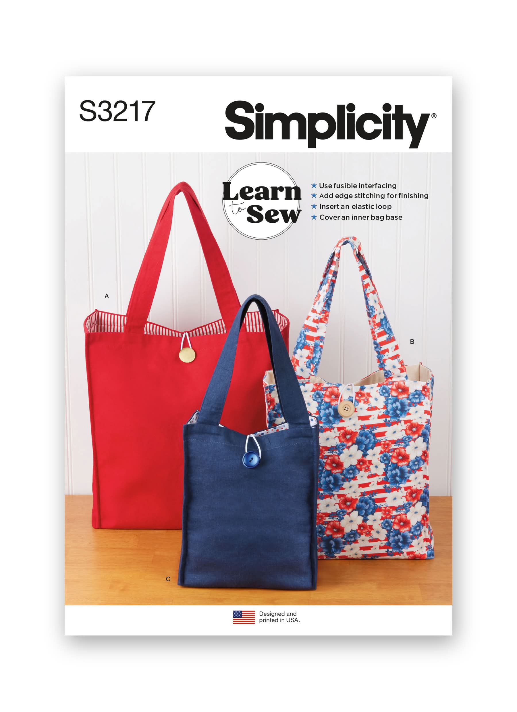 Simplicity Sewing Pattern S3217 Learn to Sew Totes in Three Sizes