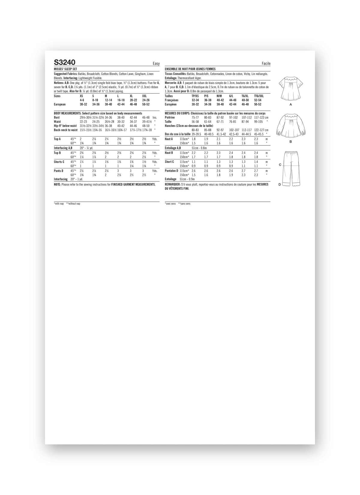 Simplicity Sewing Pattern S3240 Misses' Sleep Set