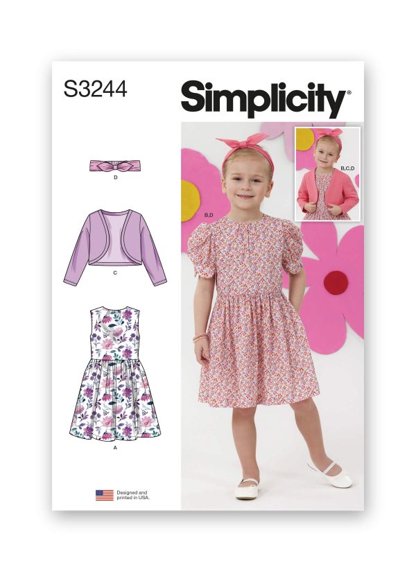 Simplicity Sewing Pattern S3244 Children's Dresses, Bolero and Headband in Three Sizes