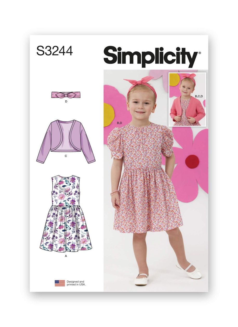 Simplicity Sewing Pattern S3244 Children's Dresses, Bolero and Headband in Three Sizes