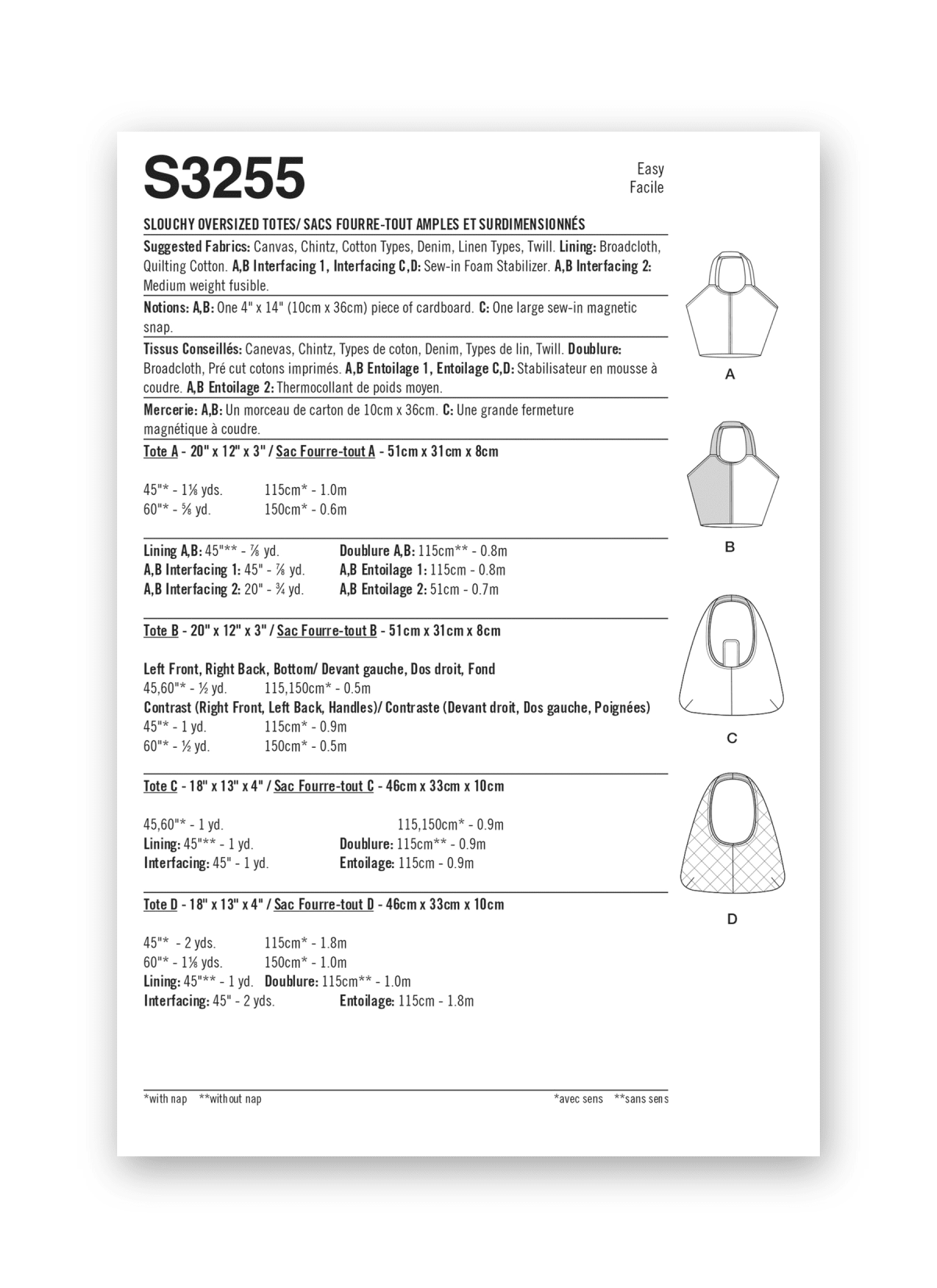 Simplicity Sewing Pattern S3255 Slouchy Oversized Totes