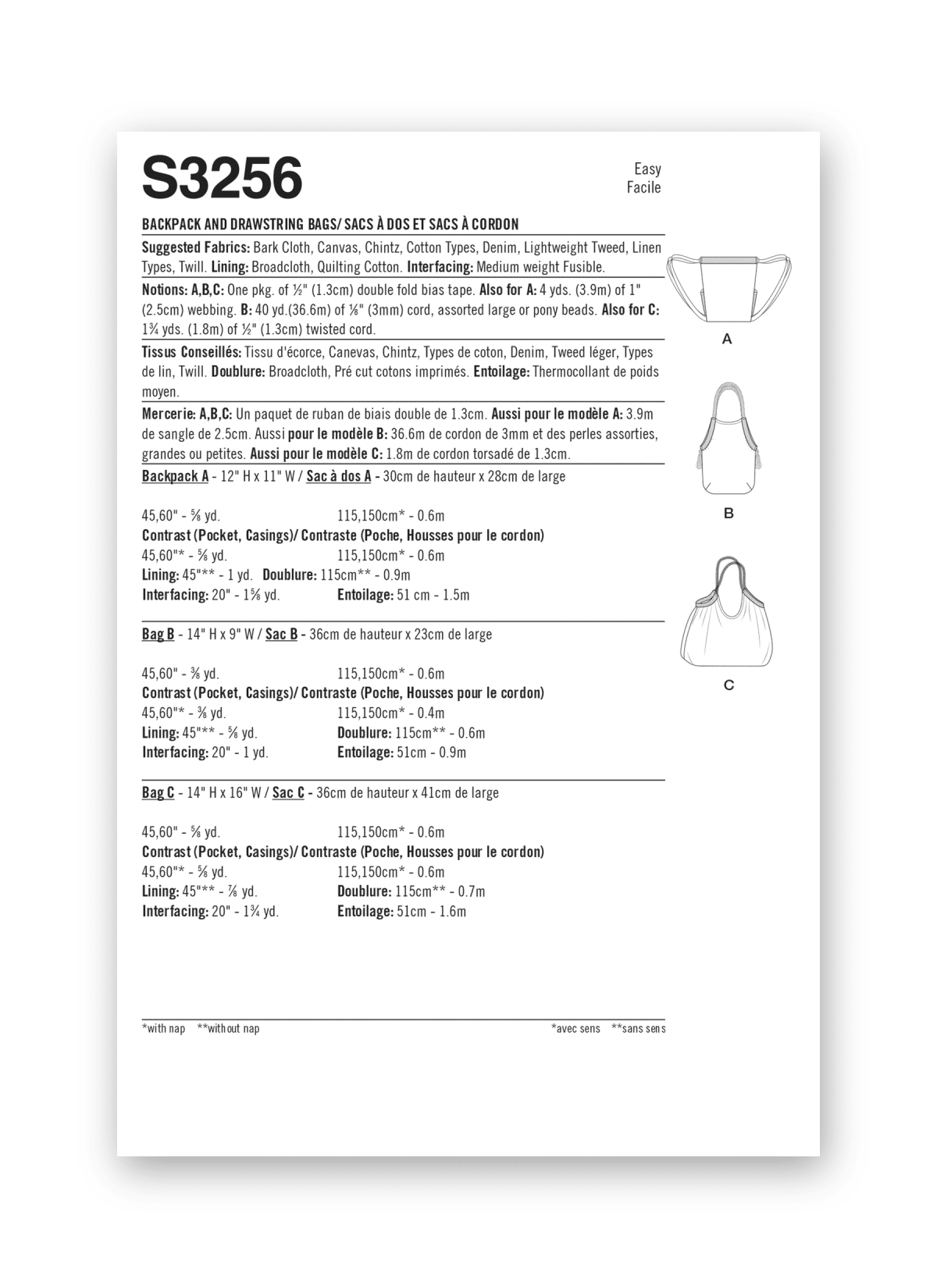 Simplicity Sewing Pattern S3256 Backpack and Drawstring Bags