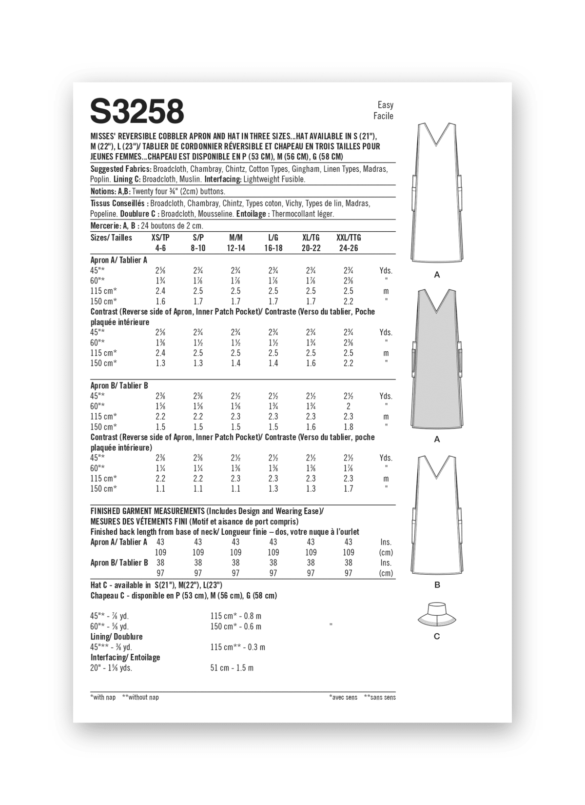 Simplicity Sewing Pattern S3258 Misses' Reversible Cobbler Apron and Hat in Three Sizes S, M and L