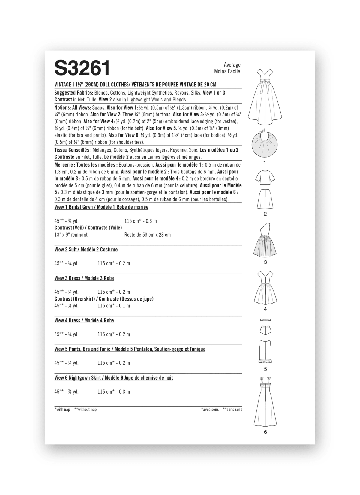 Simplicity Sewing Pattern S3261 Vintage 11 1/2" Doll Clothes