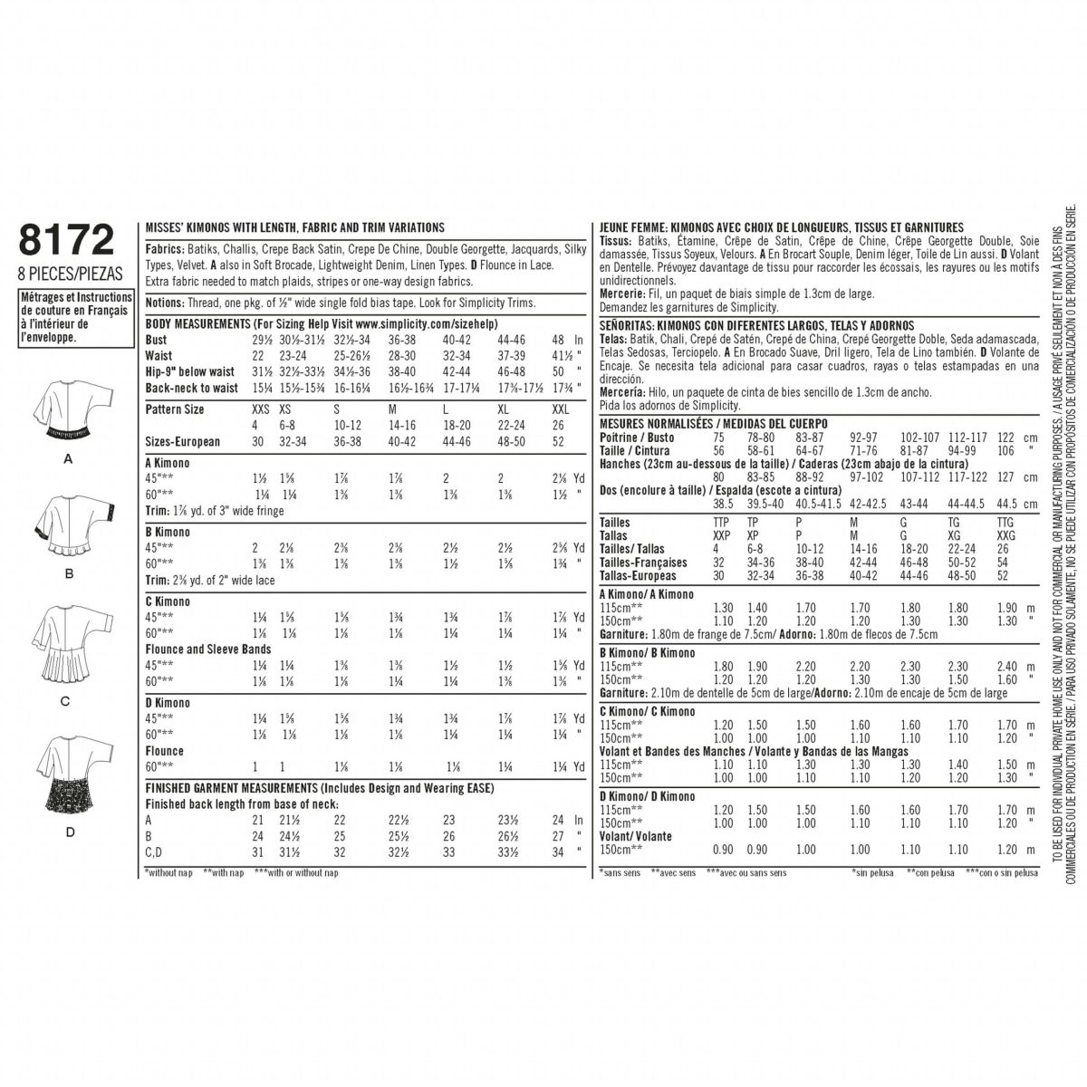 S8172 Misses' Kimono-Inspired Robe Jackets with Length, Fabric and Trim Variations