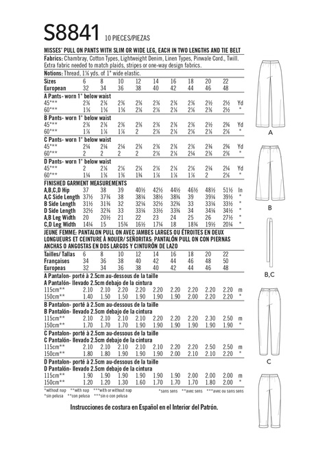 Simplicity Sewing Pattern S8841 Misses' Wide or Slim Leg Pull-on Pants