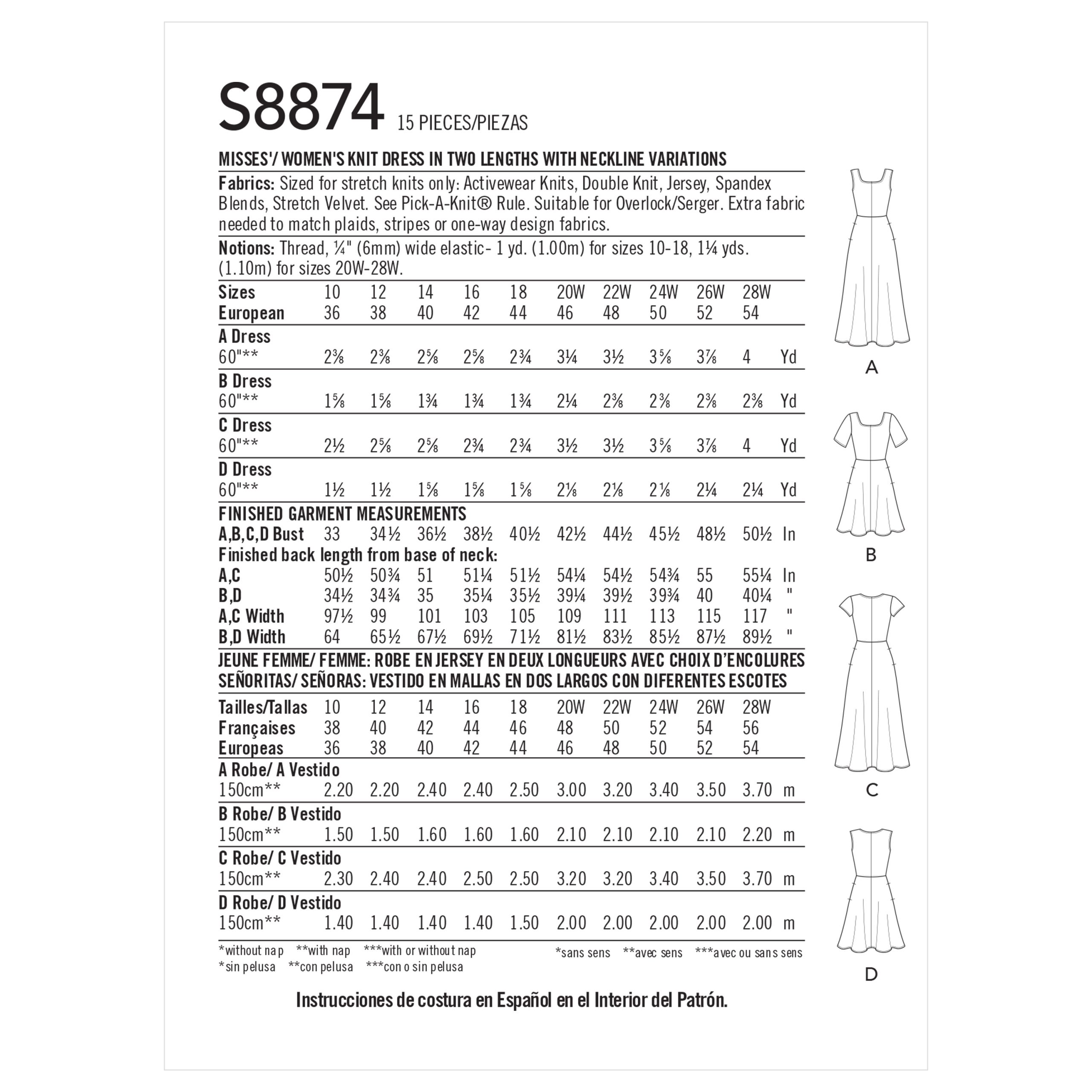 Simplicity Sewing Pattern S8874 Misses'/Women's Dresses for knit fabrics
