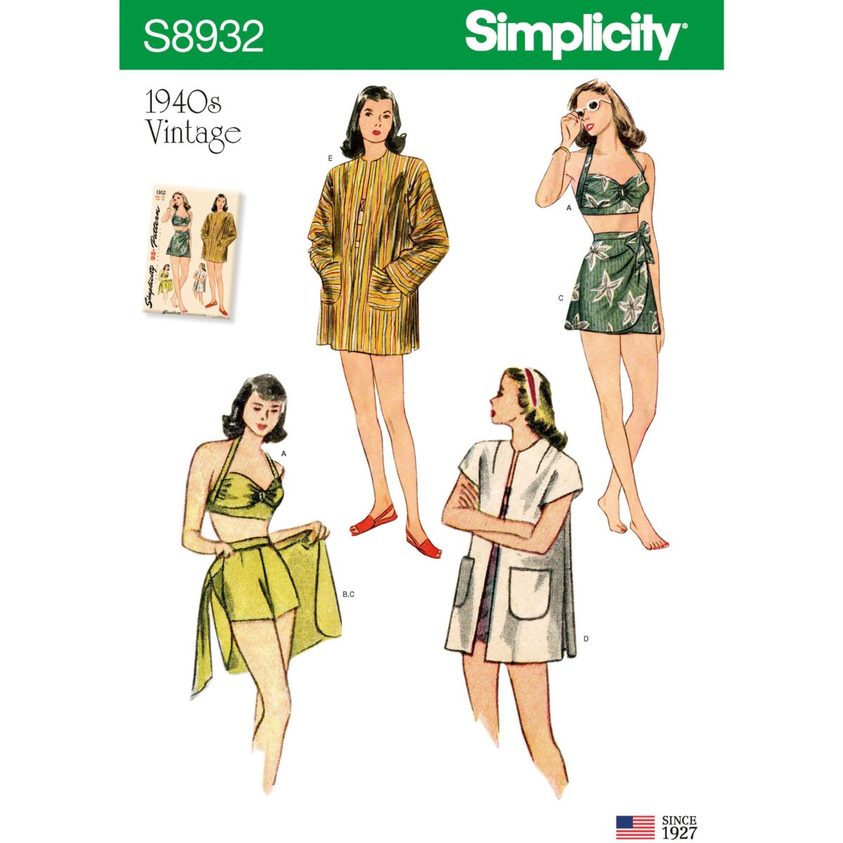 Simplicity Sewing Pattern S8932 Misses' Vintage Bikini Top, Shorts, Wrap, Skirt and Coat