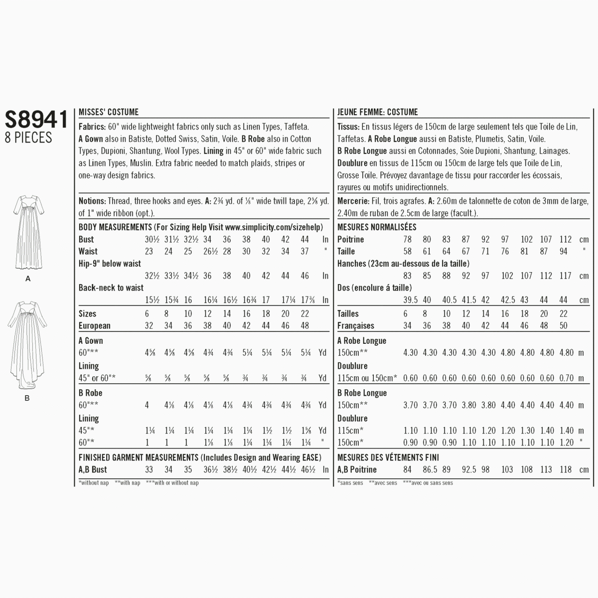 Simplicity Schnittmuster S8941 - Damen Regency Kostüm Kleid Mit Vollem Rock