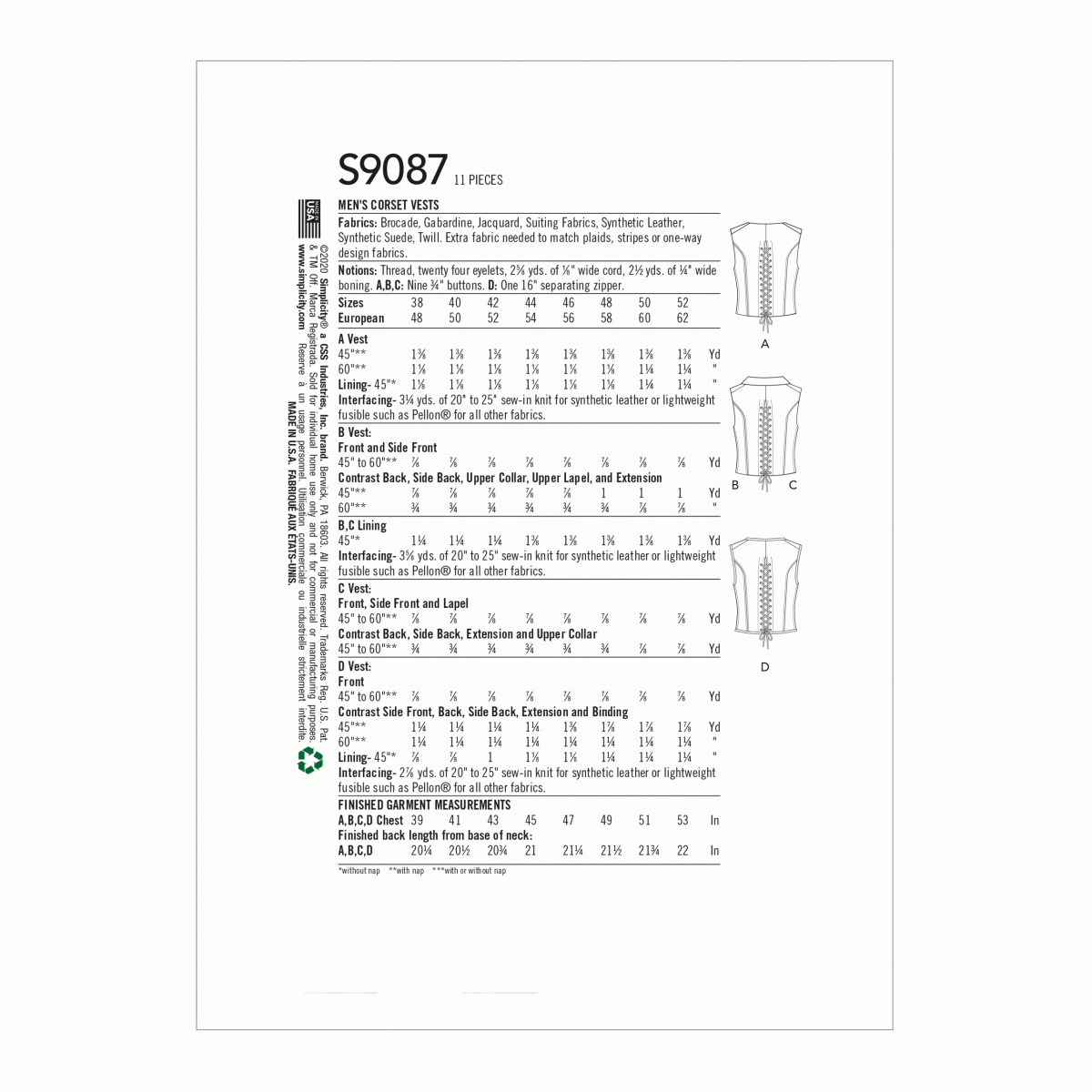 PATTERN S9087 MEN'S STEAMPUNK CORSET WAISTCOAT