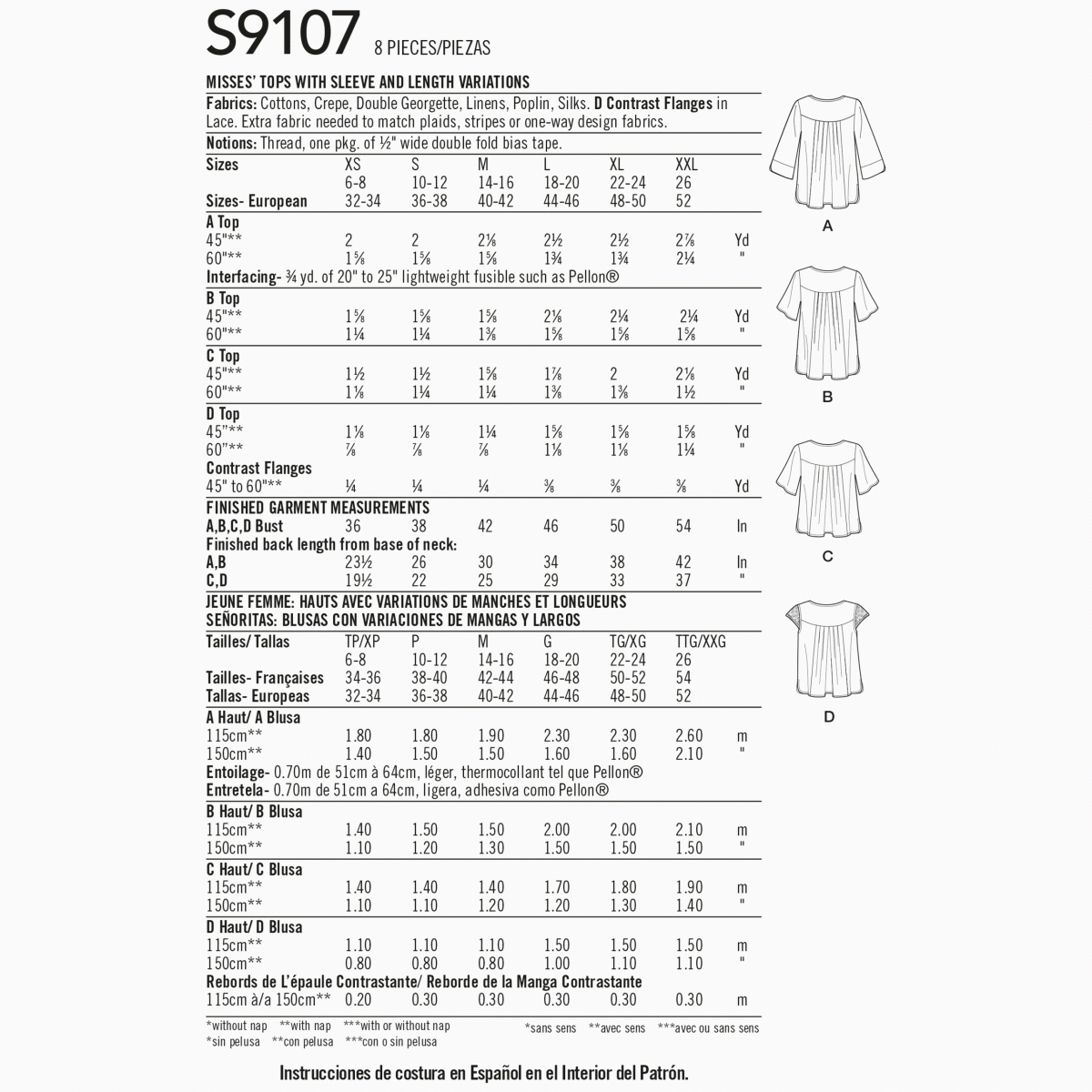 Simplicity Sewing Pattern S9107 Misses' Tops
