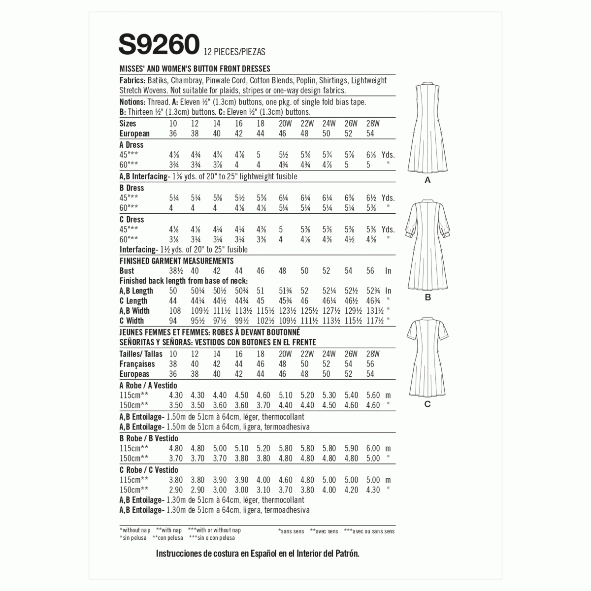 Simplicity Sewing Pattern S9260 Misses' and Women's Button Front Dresses