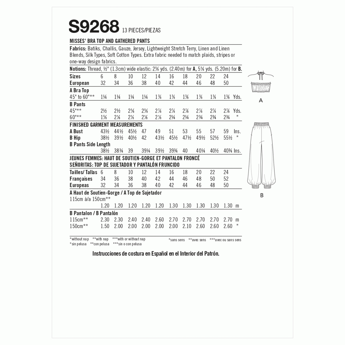 Simplicity Sewing Pattern S9268 Mimi G Misses' Bra Top and Pull-on Trousers