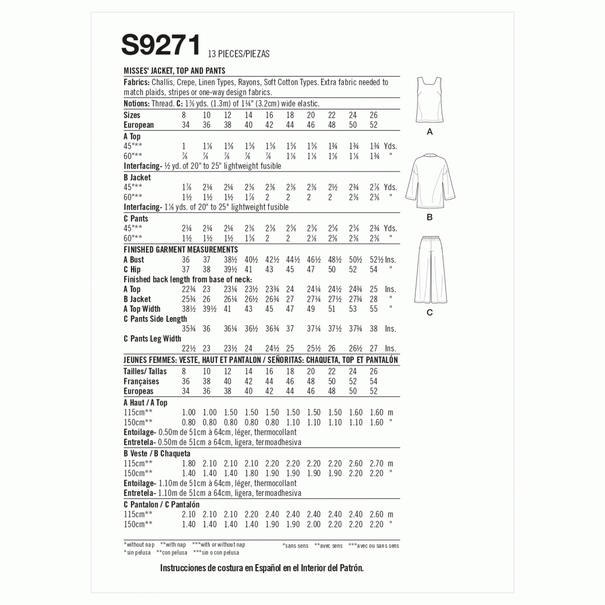 Simplicity Sewing Pattern S9271 Misses' Jacket, Top and Trousers