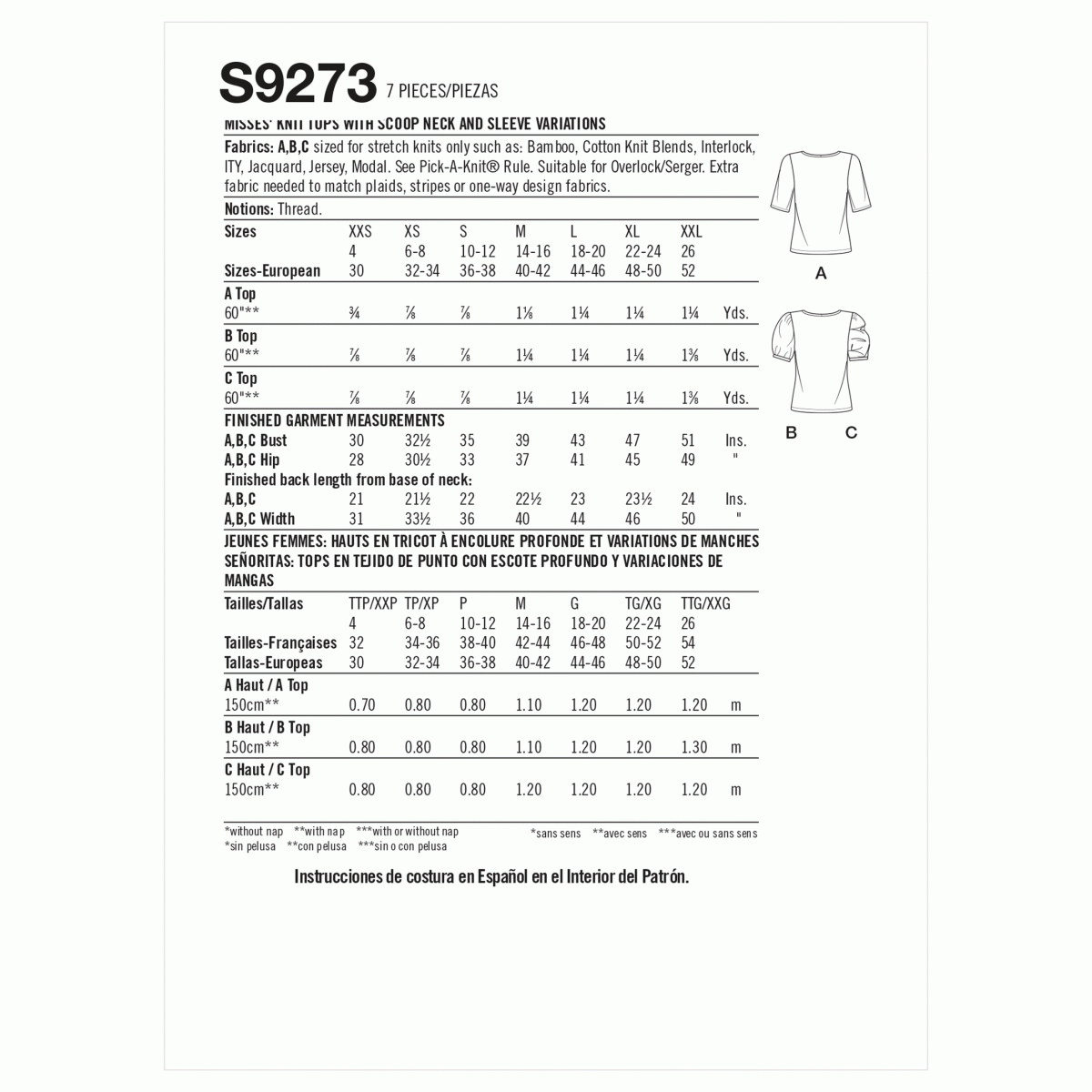 Simplicity Sewing Pattern S9273 Misses' Knit Tops With Scoop Neck and Sleeve Variations